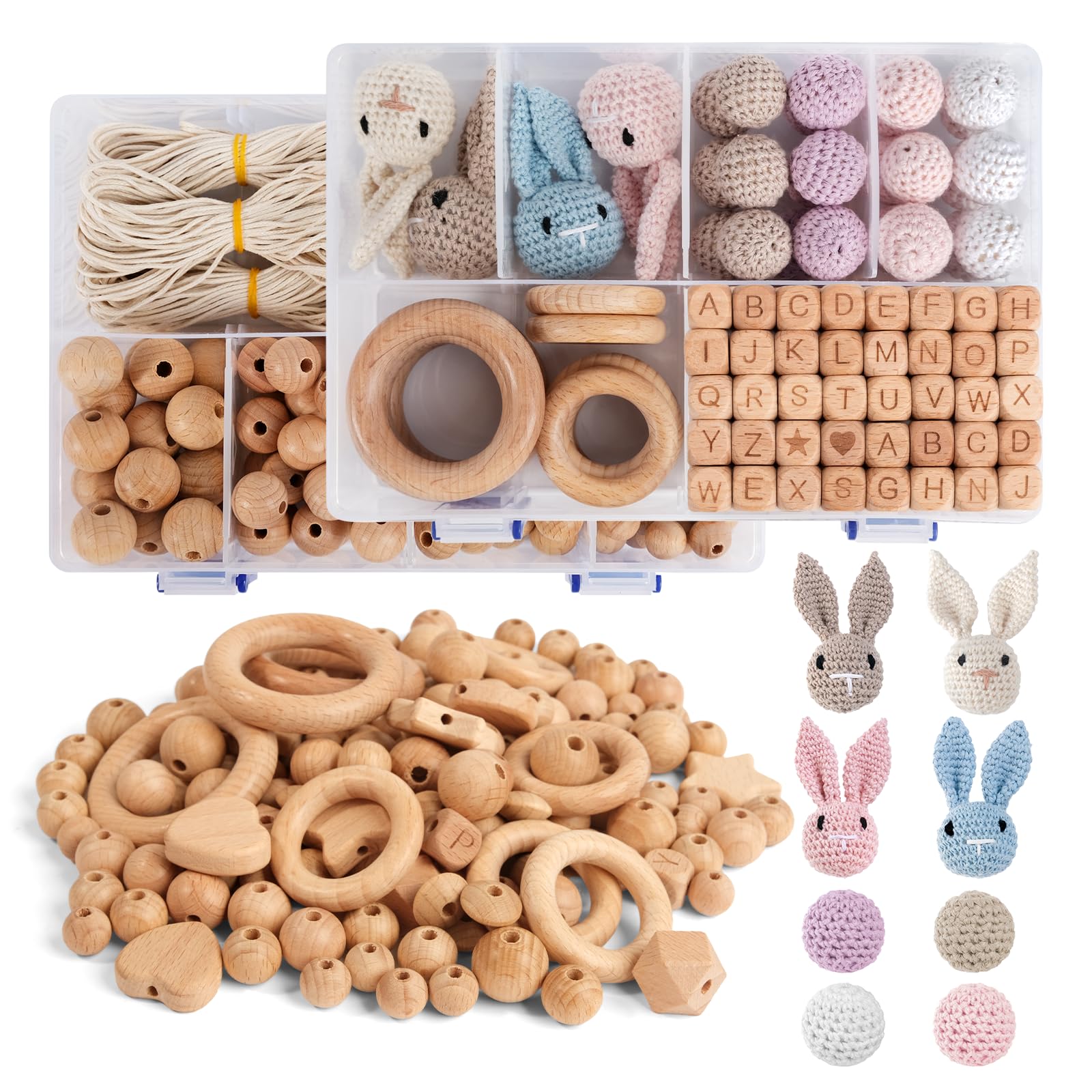 Holzperlen Holzringe Set 322 Stück Buchenholzperlen Rund Holzkugeln mit Loch für Makramee DIY Schmuck Zubehör