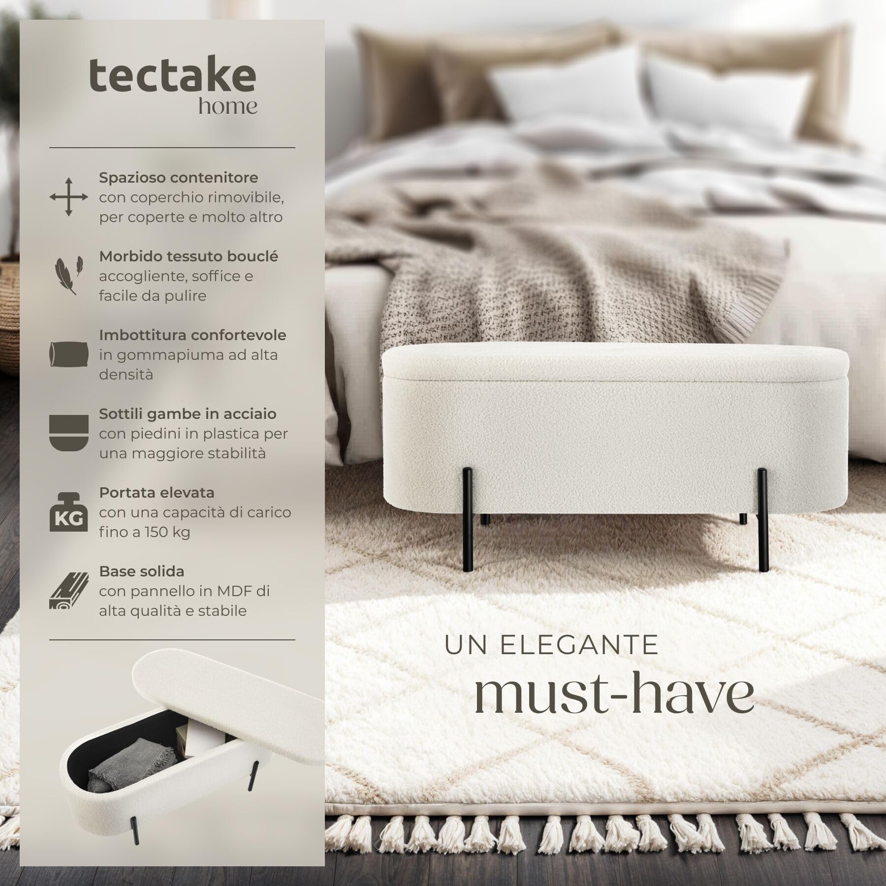 tectake® Panca Imbottita in Tessuto Bouclé, Panca Contenitore con Pratico Spazio Interno, Panca Comoda Pouf Contenitore con Gambe in Acciaio, Panca da Ingresso Design Scandinavo - Crema/Bianco