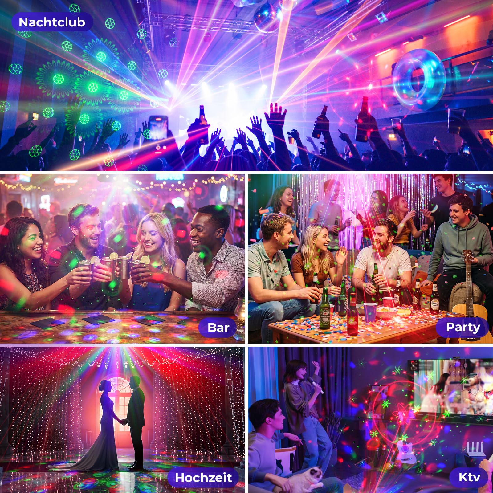 7-in-1 Discokugel, Discolicht Partylicht mit Doppel Bällen, Musikgesteuertes DJ Licht, RGB LED Disco Licht, UV Effekt, Rotierende Discokugel für Club, Karaoke, Party, Halloween, Weihnachten