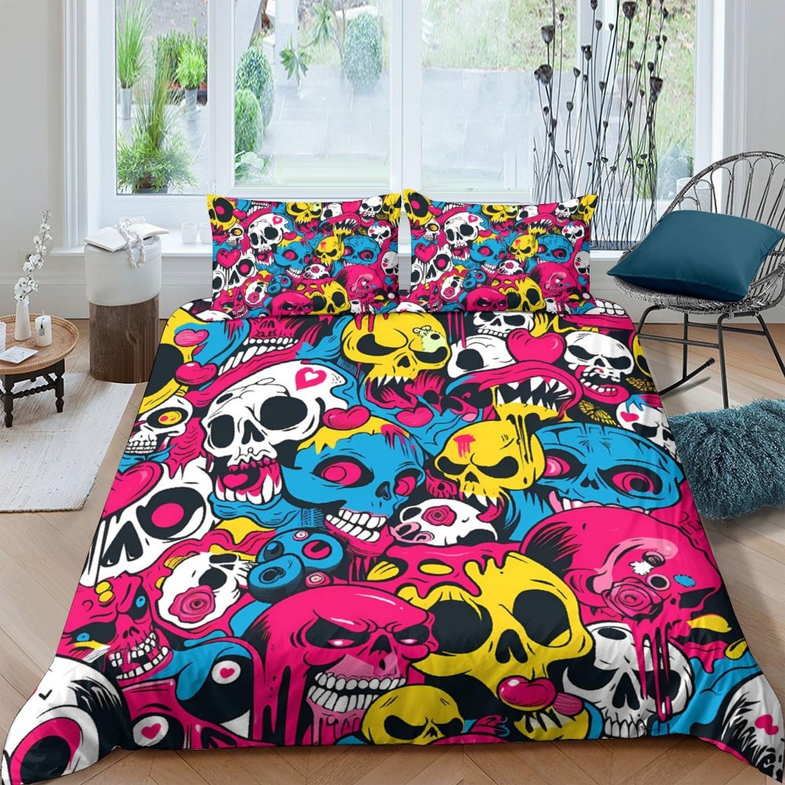 Ctjqhvkz Style-9 3D Printed Graffiti Skull Fitted Sheet Microfiber Vibrant Cartoon Mattress Cover For Bedroom Dorm Decor Protection Single（135X200cm）