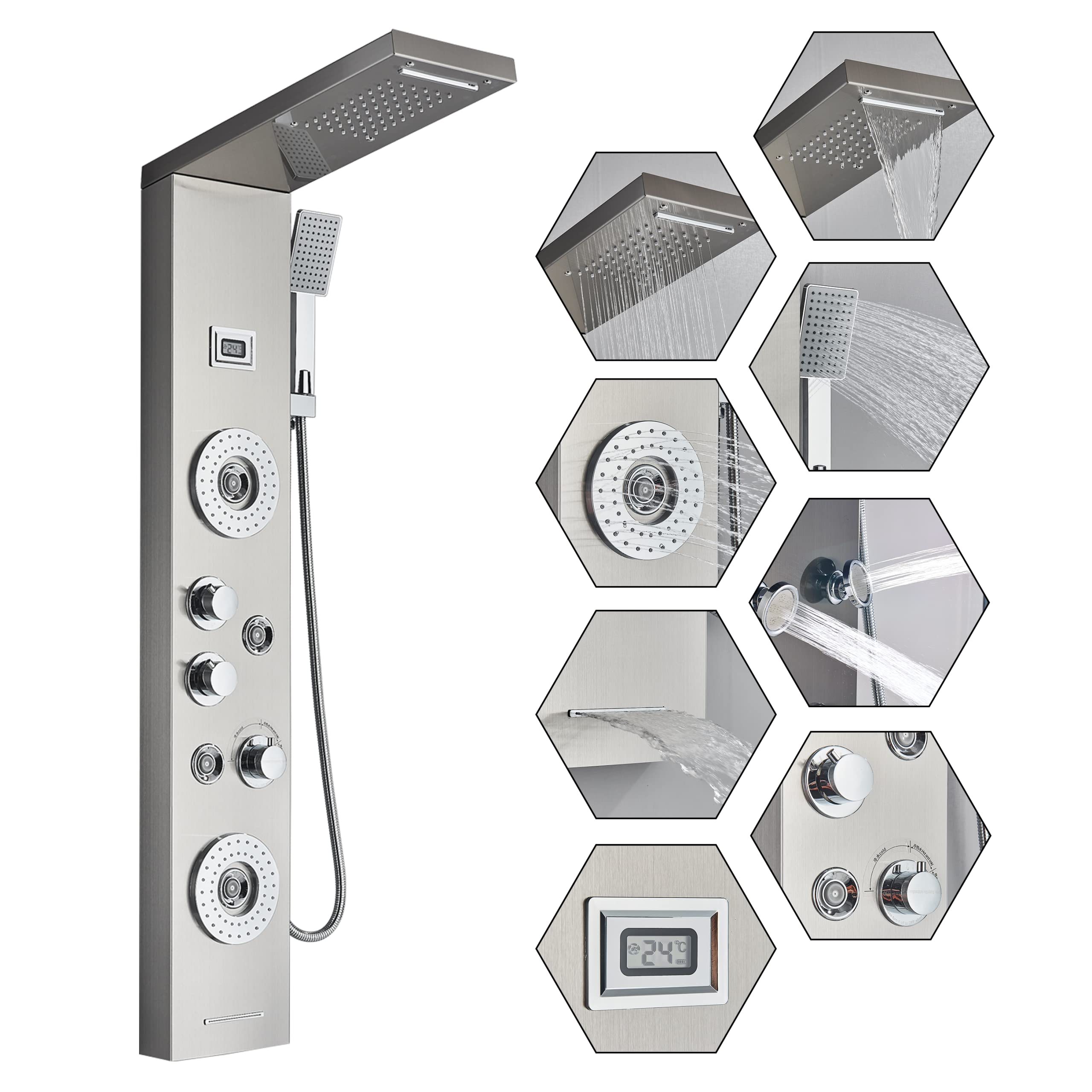 Columna de Ducha con Pantalla LCD, Sistema de Panel de Hidromasaje 3 en 1, Cabezal de Lluvia Grande, Masaje Corporal, Acero Inoxidable Cepillado