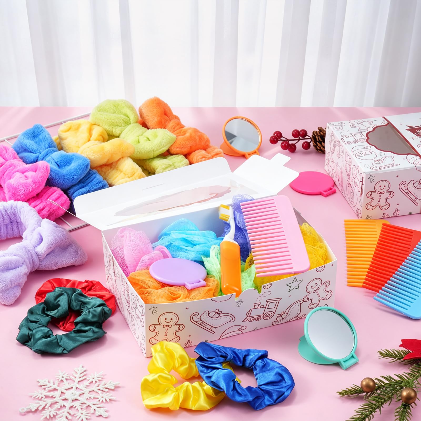 72 pz regali di Natale Spa Party Favors, Sleepover Party Supplies Colorful Wide Dente Pettini Spazzolino Cerchietti Bagno Loofah Doccia Anelli per Capelli Specchi Compatti per Calza Stuffers Regali