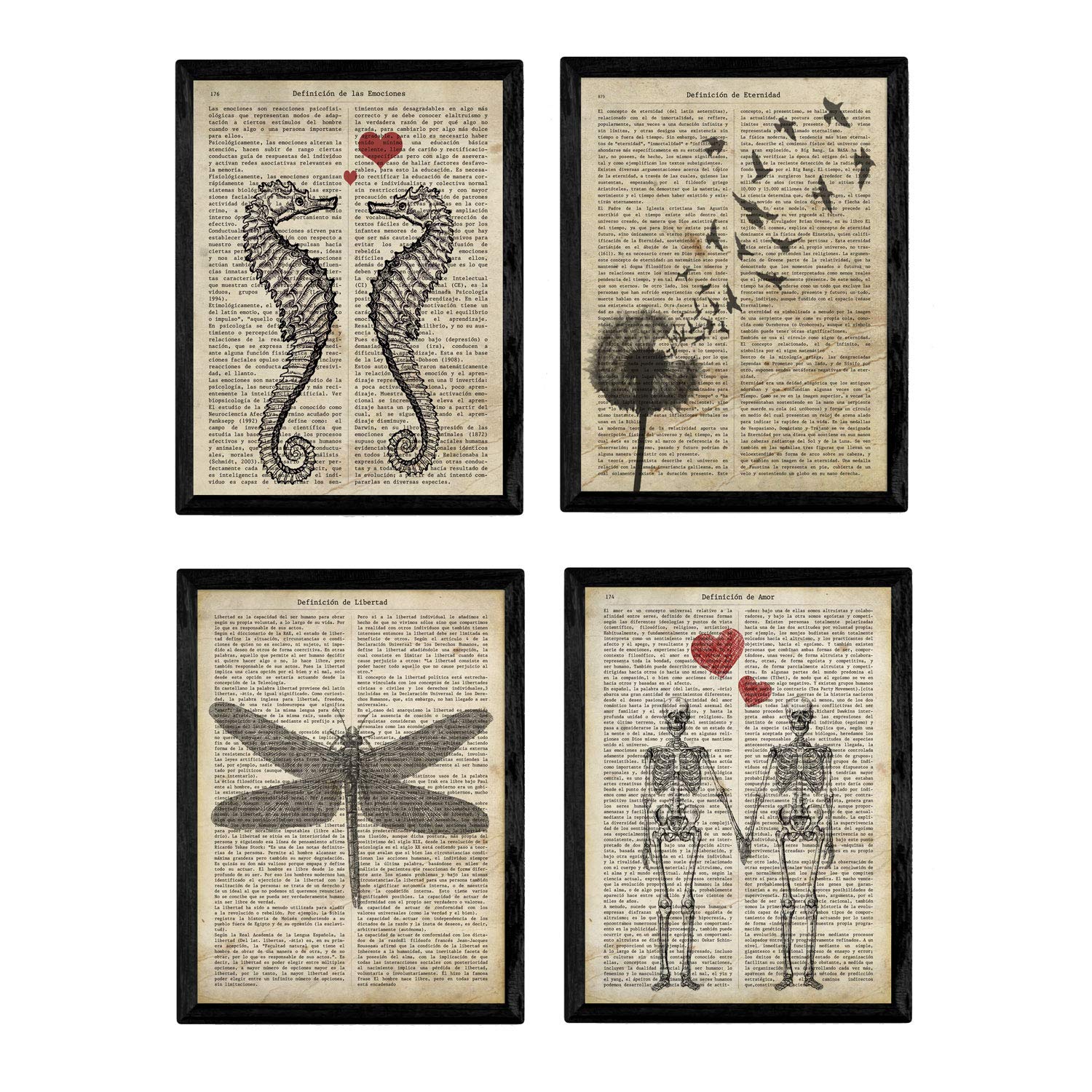 Nacnic Set de 4 láminas de Enciclopedia Vintage con Caballito de Mar, Diente de León, Libélula y Pareja de Esqueletos. Tamaño A4. Con Marco.