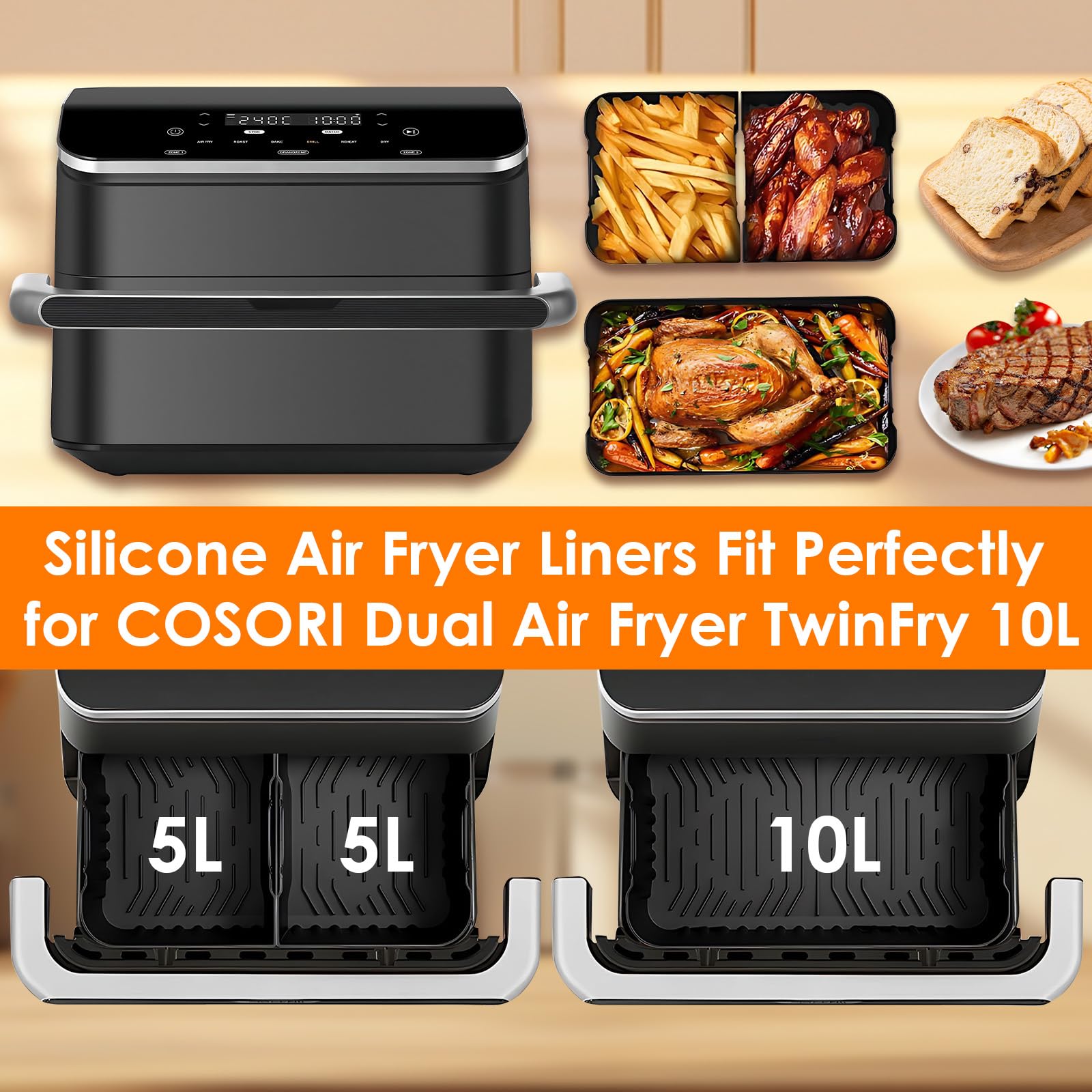 Moule Silicone Air Fryer Accessoires pour COSORI Dual Zone 10L Twinfry Airfryer- 1x10L + 2x5L Réutilisable Silicone Réutilisable Plat, Grille Racks, Paniers à Friture, Grille de Grille (Cosori 10l)