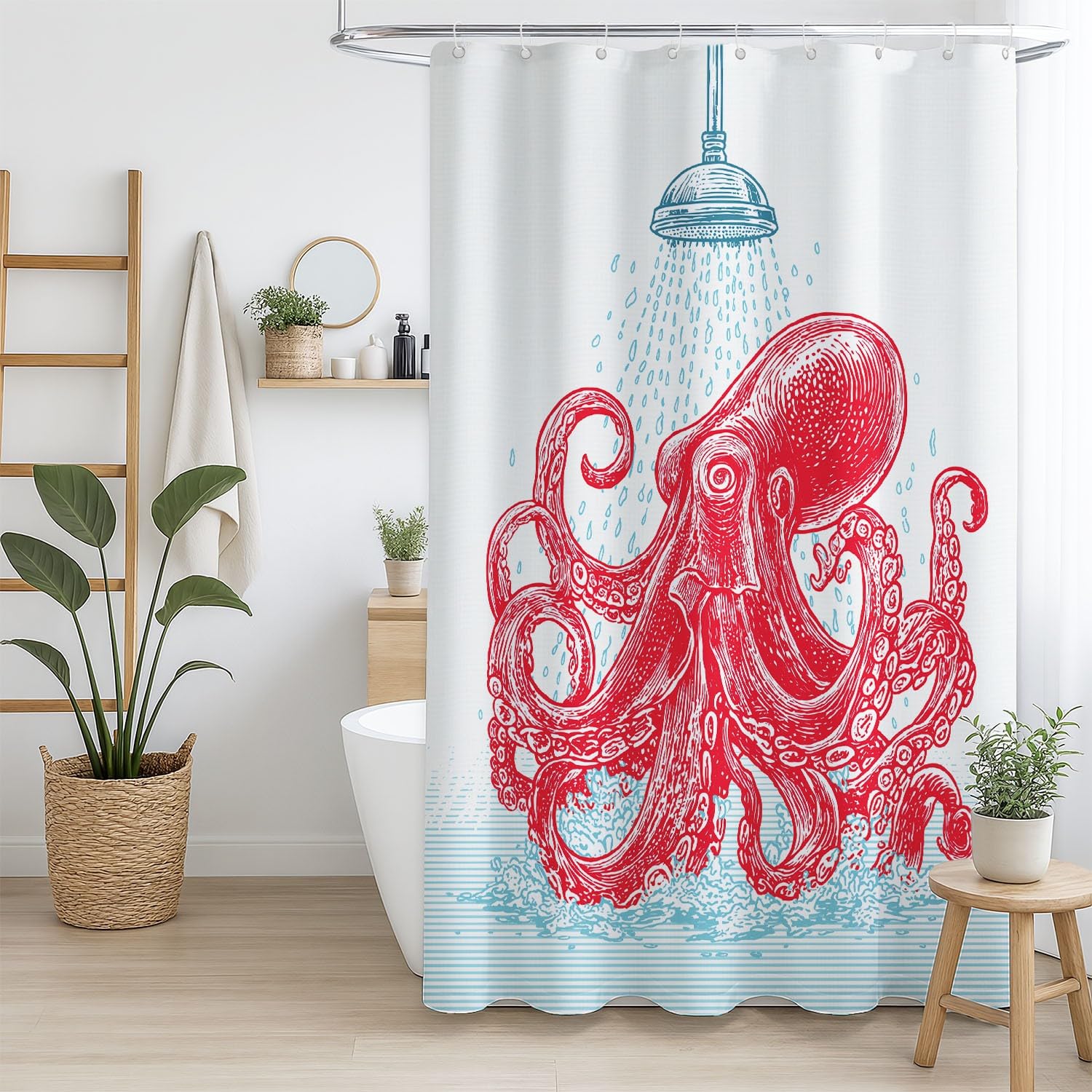 Generico Fantasia Tenda Da Doccia Minimalista Bagno Polpo Blu Rosso, Tenda Da Doccia Per Bagno, Vasca Da Bagno, Tenda In Poliestere Impermeabile Con Ganci In Plastica, 200 x 200 cm