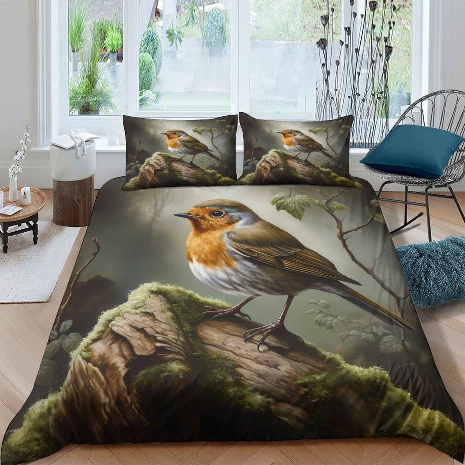 Ctjqhvkz Style-7 3D Printed Robin Bird Fitted Sheet Microfiber Forest Moss Mattress Cover Non Slip Bedroom Decor Machine Washable Single（135X200cm）