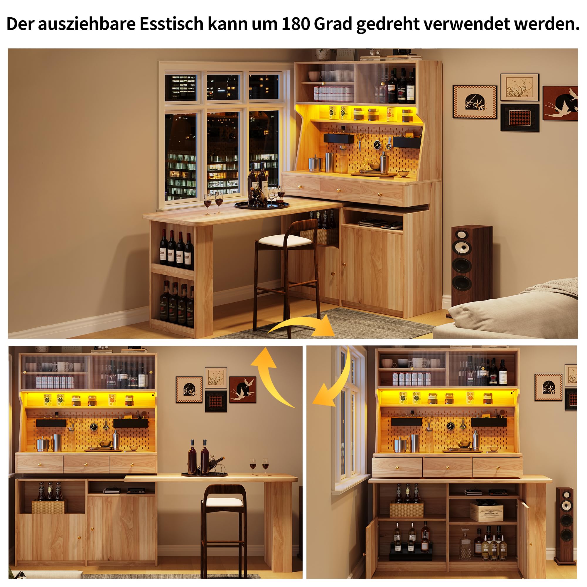 Kebnor Armadio alto con scrivania e tavolo da bar, armadio multifunzione con illuminazione a LED e controllo app, ante in vetro e ripiani regolabili, per soggiorno, sala da pranzo (marrone naturale D)