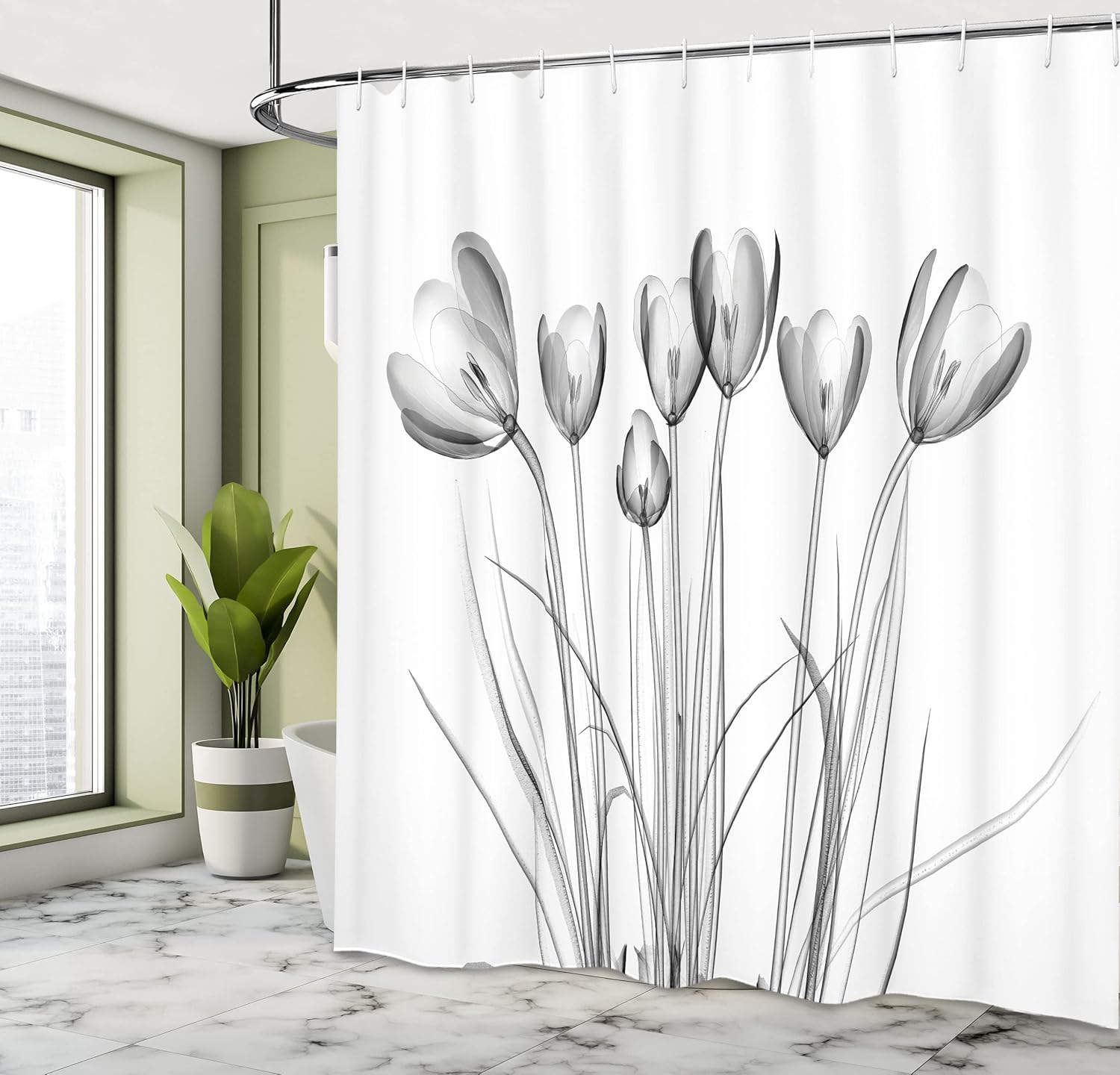 Ambesonne Flower Shower Curtain, X-ray Image of Tulips Solarized Effect Nature Inspired Illustration, Cloth Fabric Bathroom Decor Set with Hooks, 69" W x 84" L, Charcoal Grey