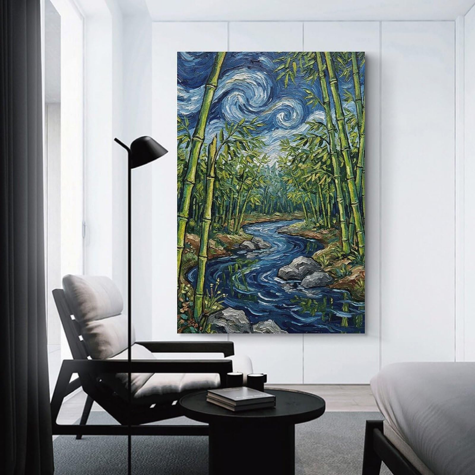 Junmoney Unframe-Style-21 Bamboo Forest River Painting Canvas Wall Art, 24X36inch(60X90cm), For Living Room, Bedroom, Office Or Hallway, Versatile Wall Decor For Many Rooms