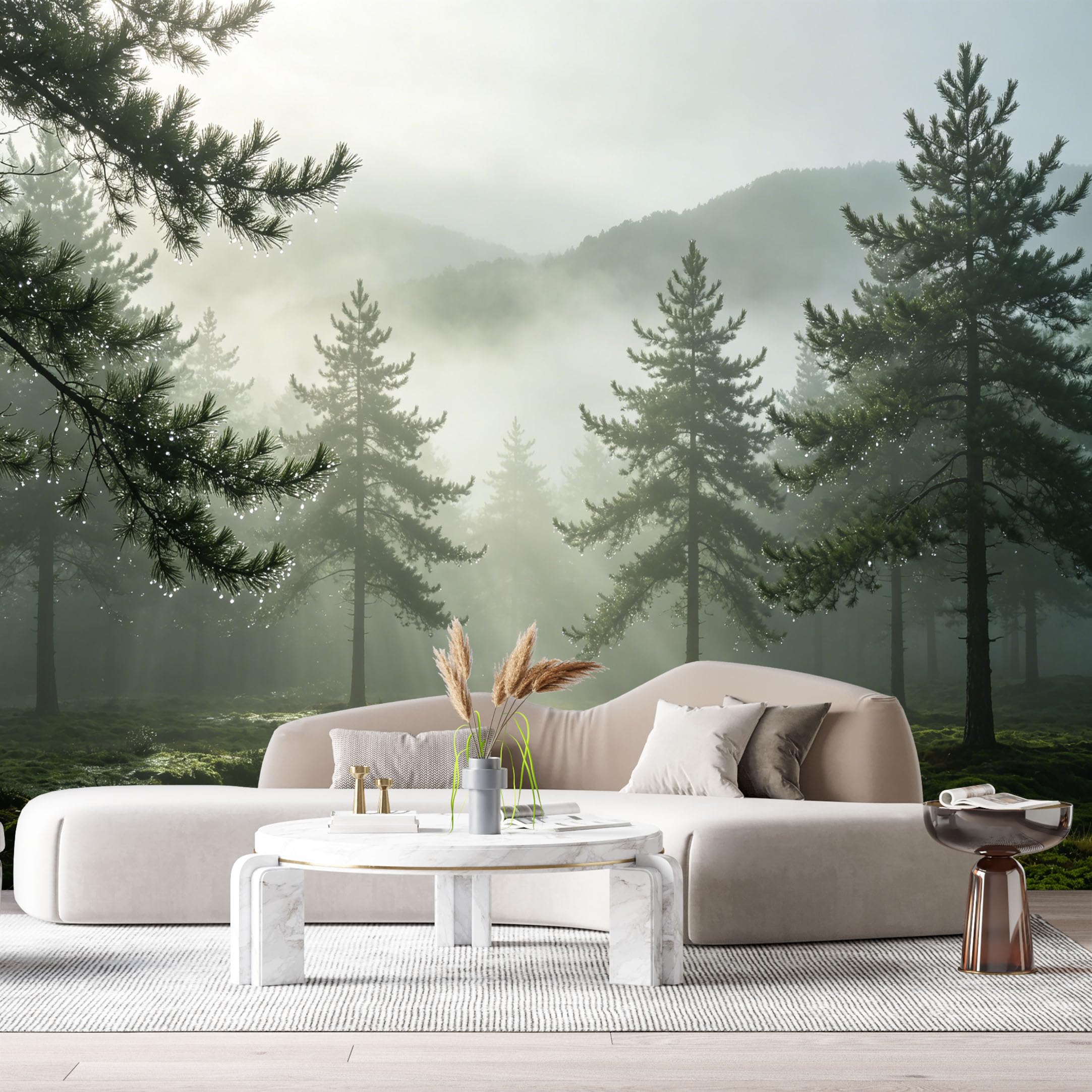 Custom Size Wall Murals Misty Forest Landscape Morning Fog Pine Trees Sunlight Rays SelfAdhesive Wall Fabric Removable Large Wallpaper for Photo Living Room