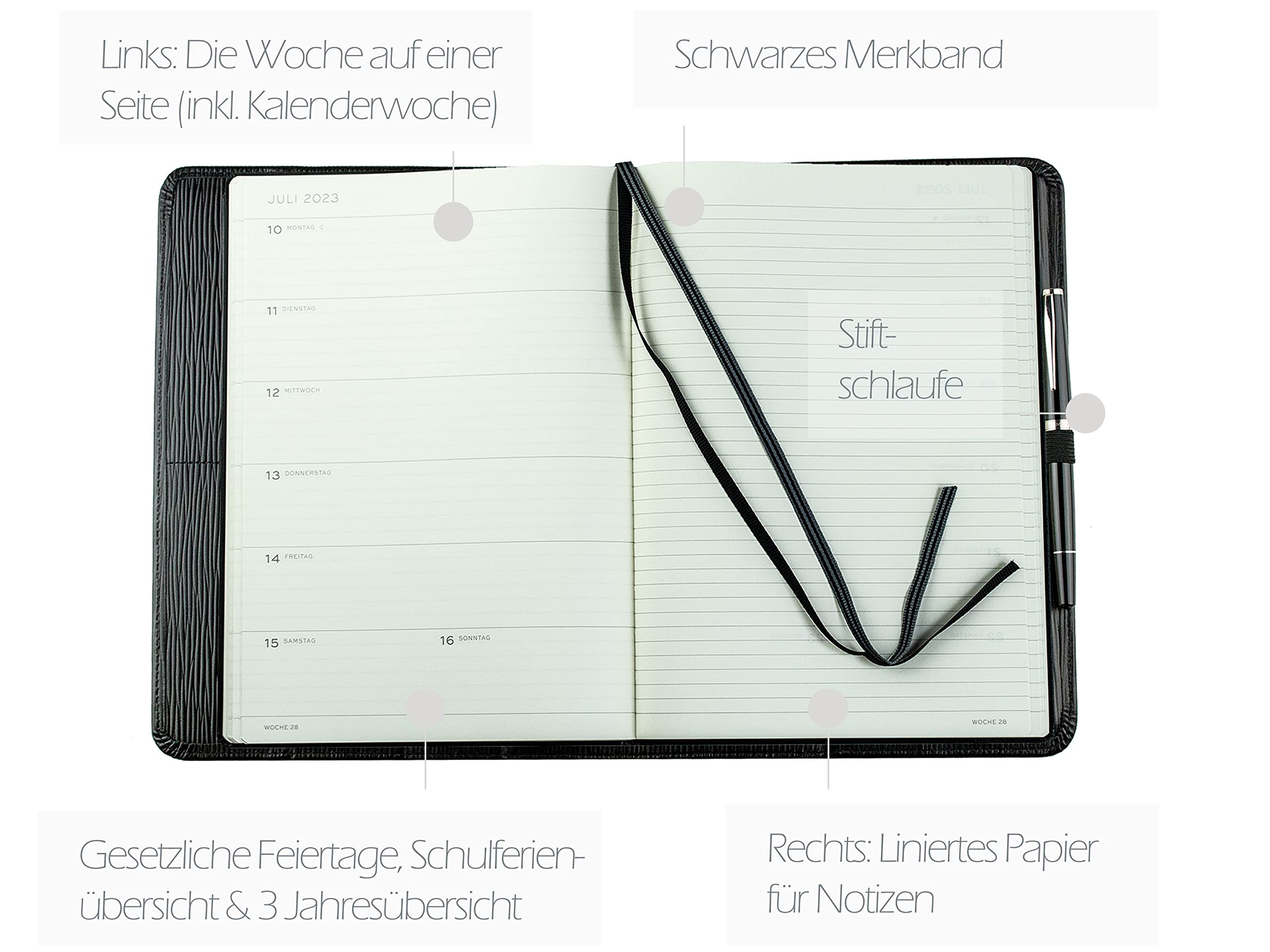 DELMON VARONE - Personalisierbares Kalenderbuch 2027 DIN B5 Manhattan Leder schwarz - Organizer Familienplaner (1 Woche 1 Seite) - Buch-Kalender Ledereinband - Notizbuch Planer Stiftschlaufe