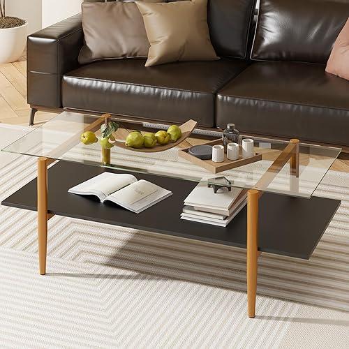 Miniatura 9 de Mesa de centro de cristal, mesa central rectangular para sala de estar con patas doradas, mesas decorativas modernas de mediados de siglo con