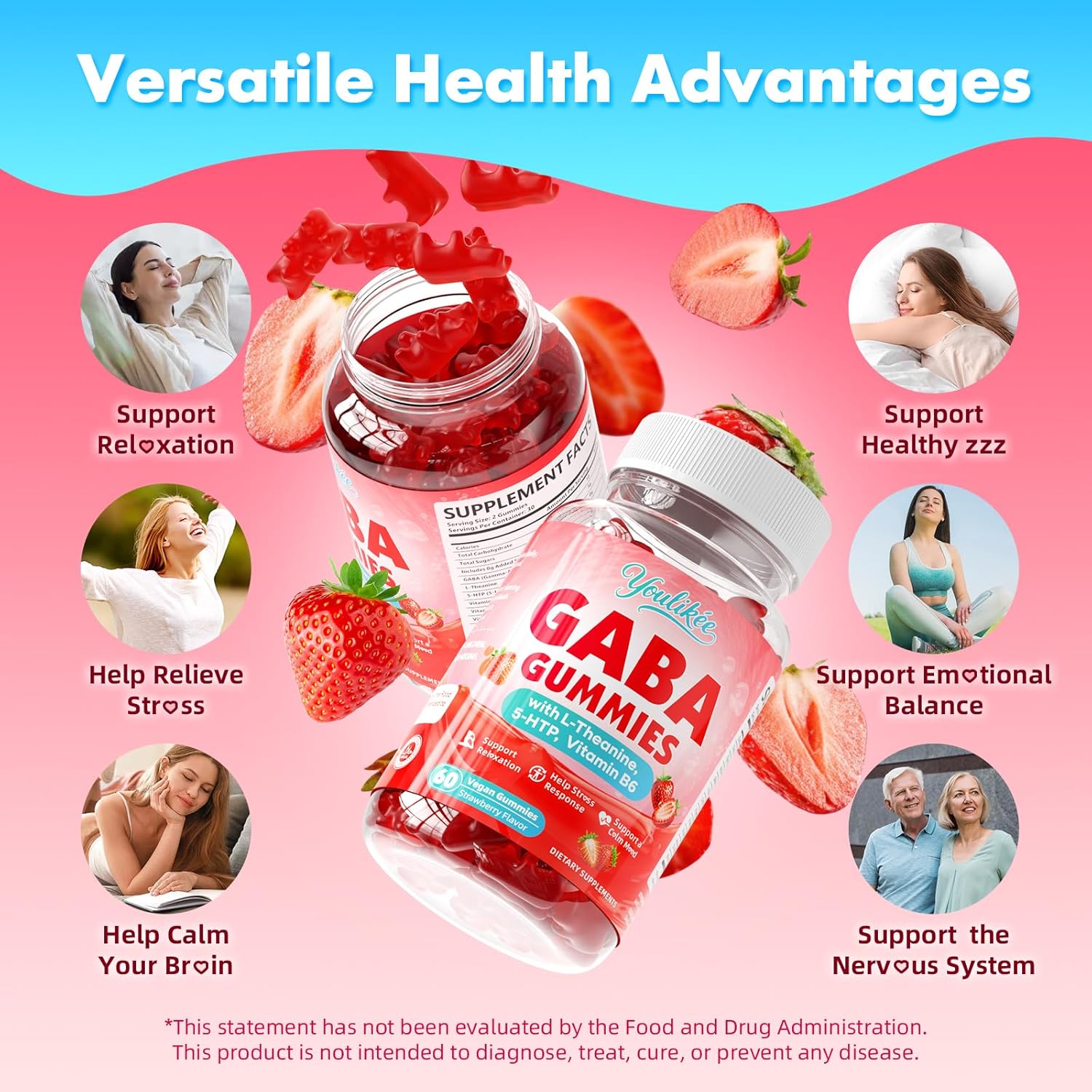 2 Pack GABA Gummies 500mg with L-Theanine, 5-HTP, Vitamins B6, B12, D3 and Ashwagandha, Melatonin-Free, GABA Supplements for Adult, Sugar-Free, Strawberry Flavor, 120 Count