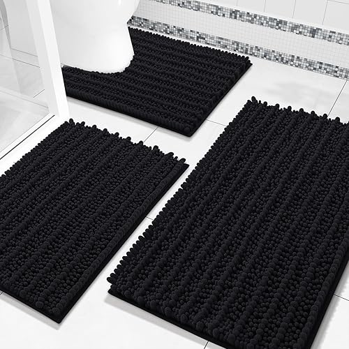 Miniatura 9 de Arotive Juego de 3 alfombras de baño de chenilla, extra suaves, absorbentes, peludas y de contorno en forma de U, antideslizantes, lavables a Gris