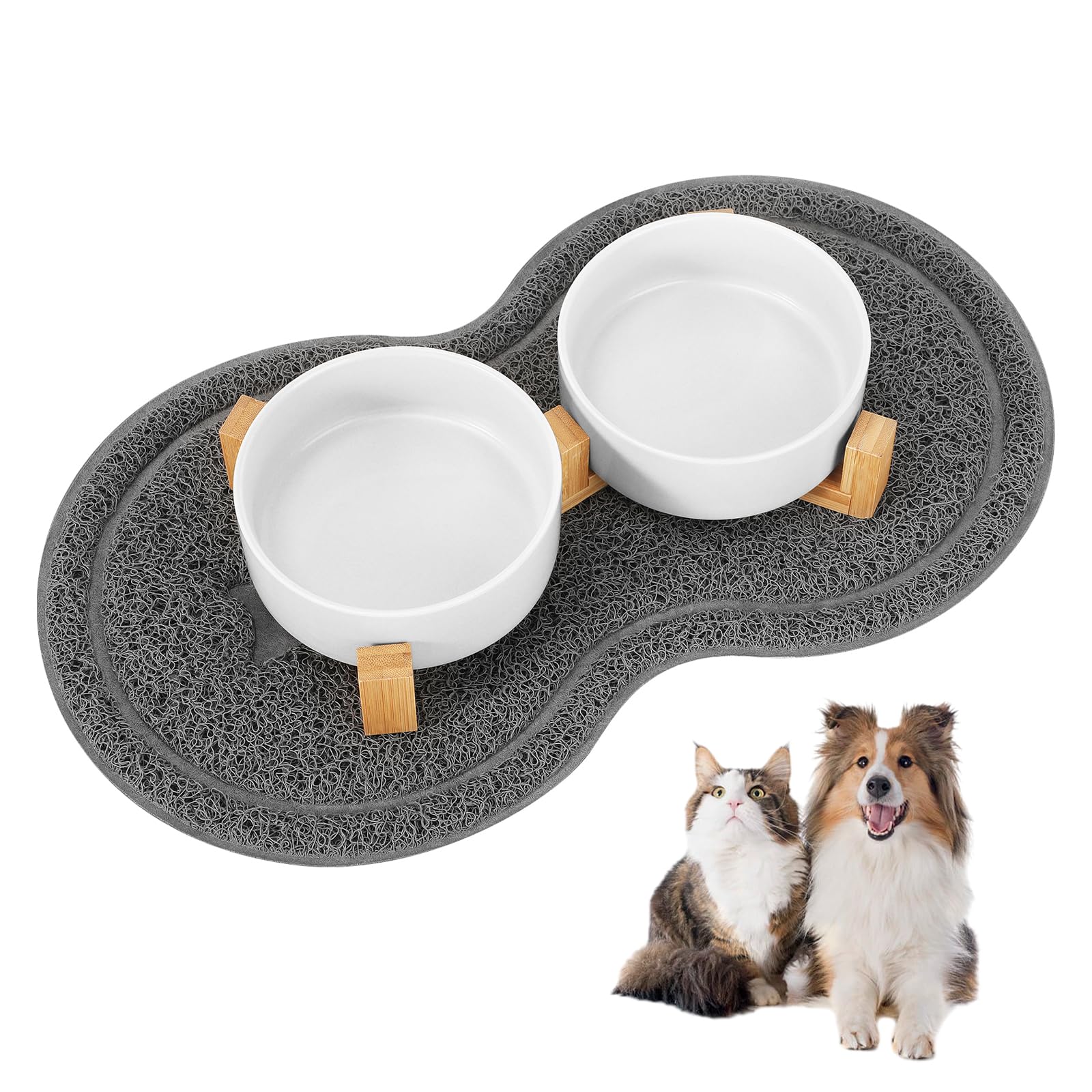 Vexillic Comedero Perro Elevado, 400ML 2 Piezas Comedero Perro Gato Cerámica con Base de Bambú y Almohadilla Antideslizante para Perros Mediano y Pequeños (Blanco)