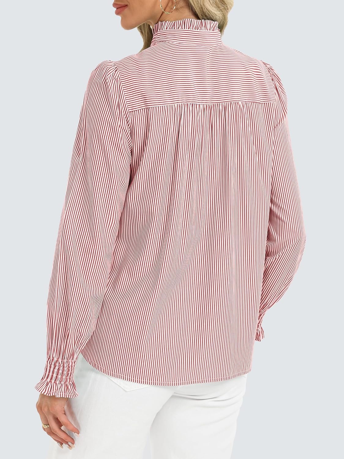 Funlingo Women's Striped Button Down Shirts Long Sleeve Smocked Cuffed Ruffle Collar Blouses Spring Work Business Casual Tops - Image 4