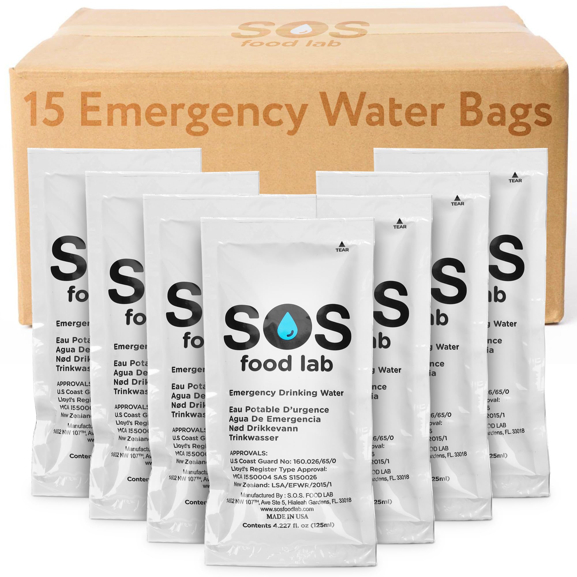 SOS emergency water survival bag – 15 individually packed water packets with 125 ml water disasters including earthquake, hurricane, wild fire, floods and more