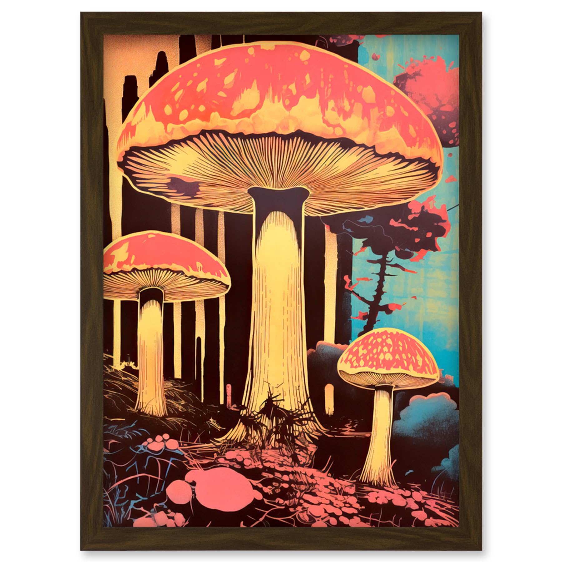 Artery8 Red Mushroom Fungi Pink Blue Bright Psychedelic Nature Kitchen Artwork Framed Wall Art Print A4