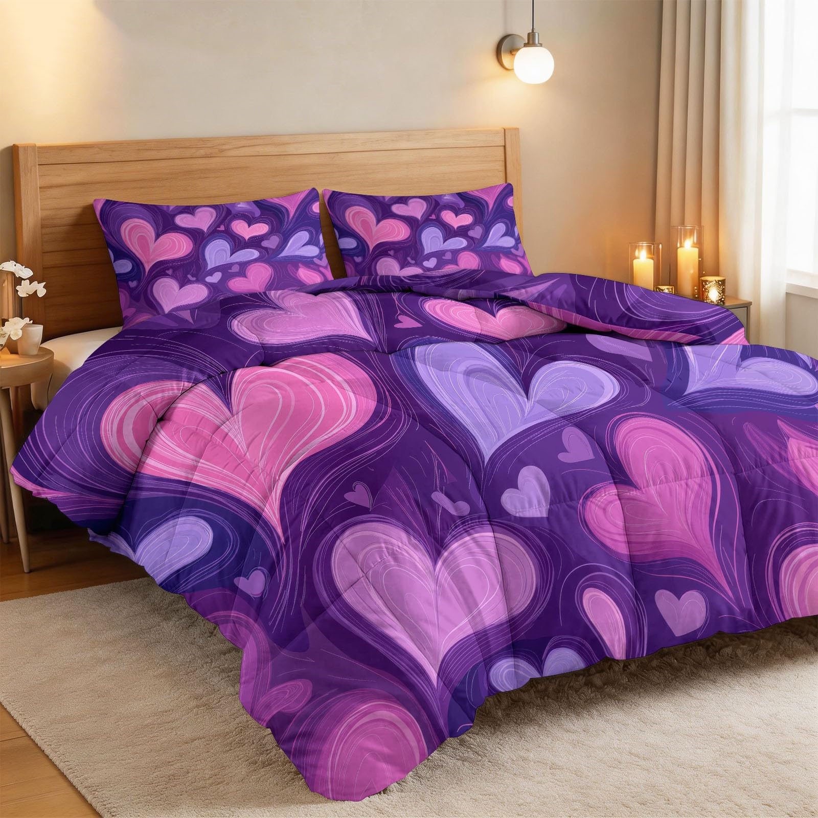 Copripiumino senza copertura con cuori rosa e viola per coppie super king estivo, copriletto trapuntato in microfibra con cartoni animati, set di piumini morbidi e traspiranti