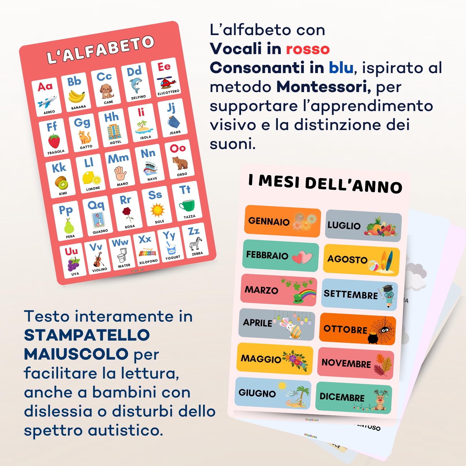 Poster Educativi per Bambini in Italiano - Set 12 Poster Didattici A3 Laminati 250 gsm - Alfabeto, Numeri, Colori, Montessori