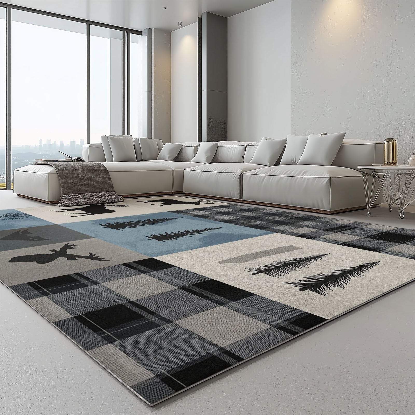 Gris Marron Tapis antidérapant Lavable - 120 x 170 cm - Moderne Simple Patchwork Cerf - Léger et résistant - pour Couloir, entrée, Salon et Zones à Fort trafic