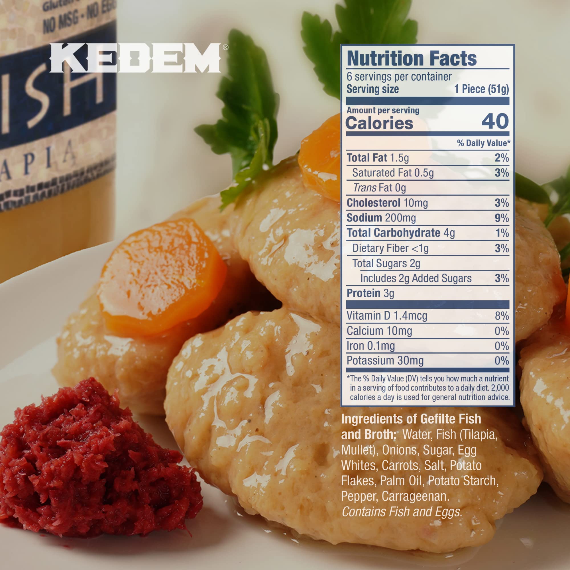 Kedem Tilapia Gefilte Fish 24oz (2 Pack), All Natural, Gluten Free, Kosher for Passover