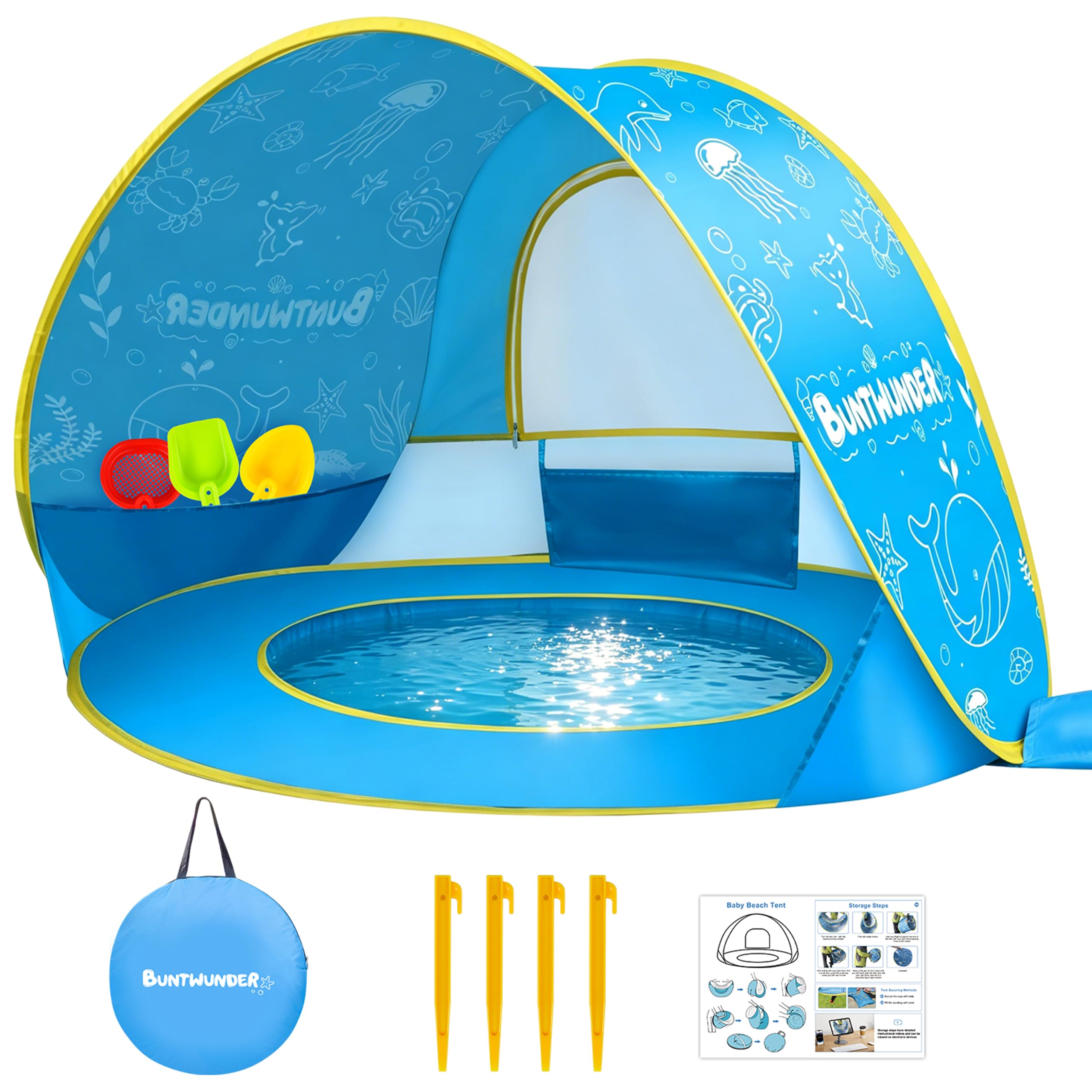 Herenear Grande Tente de Plage Bébé avec Protection UV 50+, Pop Up, Portable, Tente de Plage avec Sac de Transport et piquets pour Maison, Cour, Camping (Bleu)