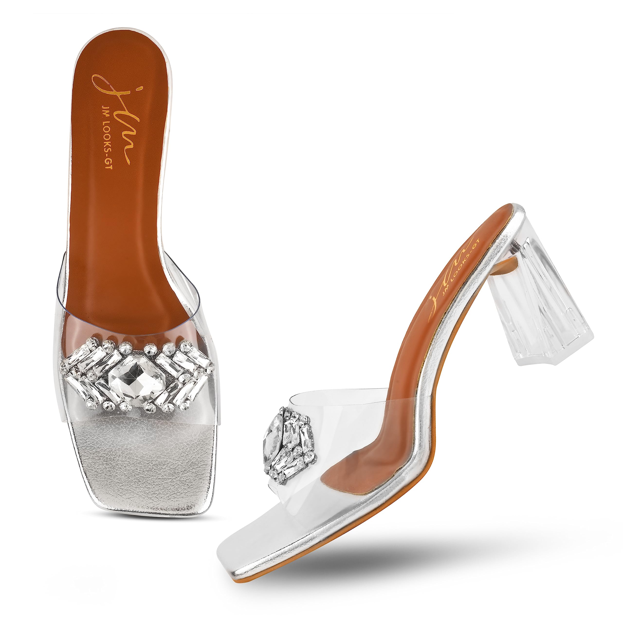 JM LOOKS Fashion Silver Stylish Transparent Casual Block Heel Fancy Solid Comfortable Sole For Womens & Girls (B0C9WYWSVQ) Amazon Price History, Amazon Price Tracker