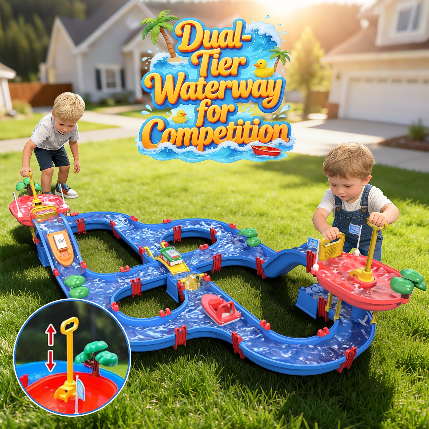 VATOS Kinder-Outdoor-Wasserräder-Spielzeug, 120 Stück, DIY-Wassertisch, Strandspielzeug auf Hinterhof, Rasen, Park, Pool, Wasserstraße, Spielzeug mit 2 Booten, Sommer-Outdoor-Aktivitätsfuns für