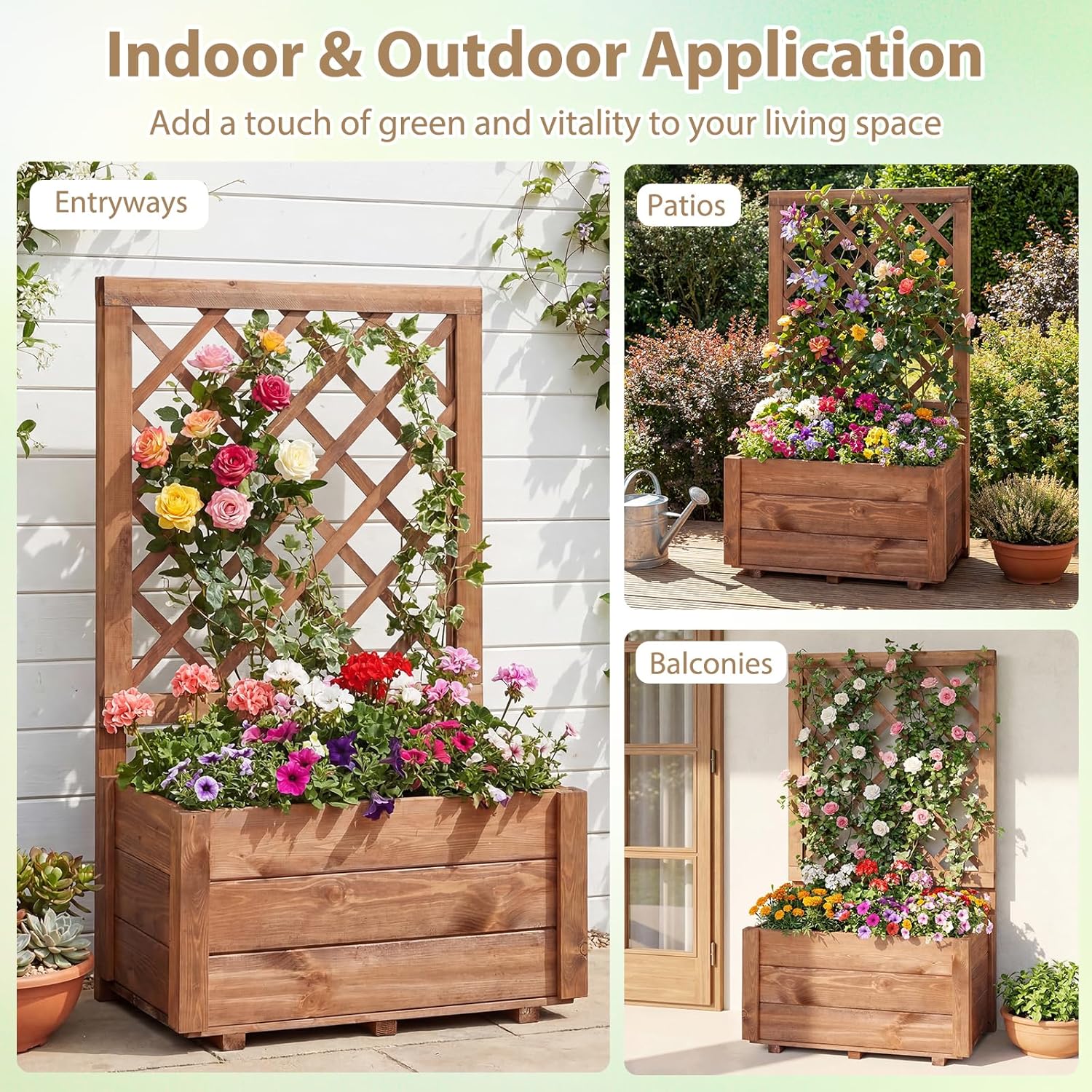 Giantex Raised Garden Bed with Trellis, 23”x14”x40” Wood Elevated Planter Box w/Drainage Hole for Climbing Vine Flower Herb Vegetable Fruit, Planting Container for Indoor Outdoor Patio Balcony