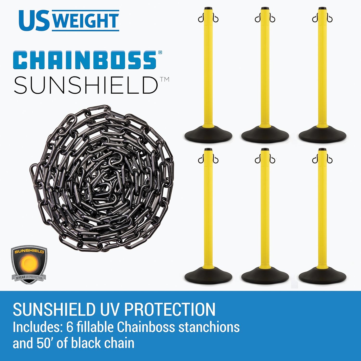 US Weight ChainBoss Yellow Plastic Stanchions Crowd Control Barriers with 10' Black Plastic Chain – Easy to Use Lightweight Fillable Base Line Dividers – 6 Pack
