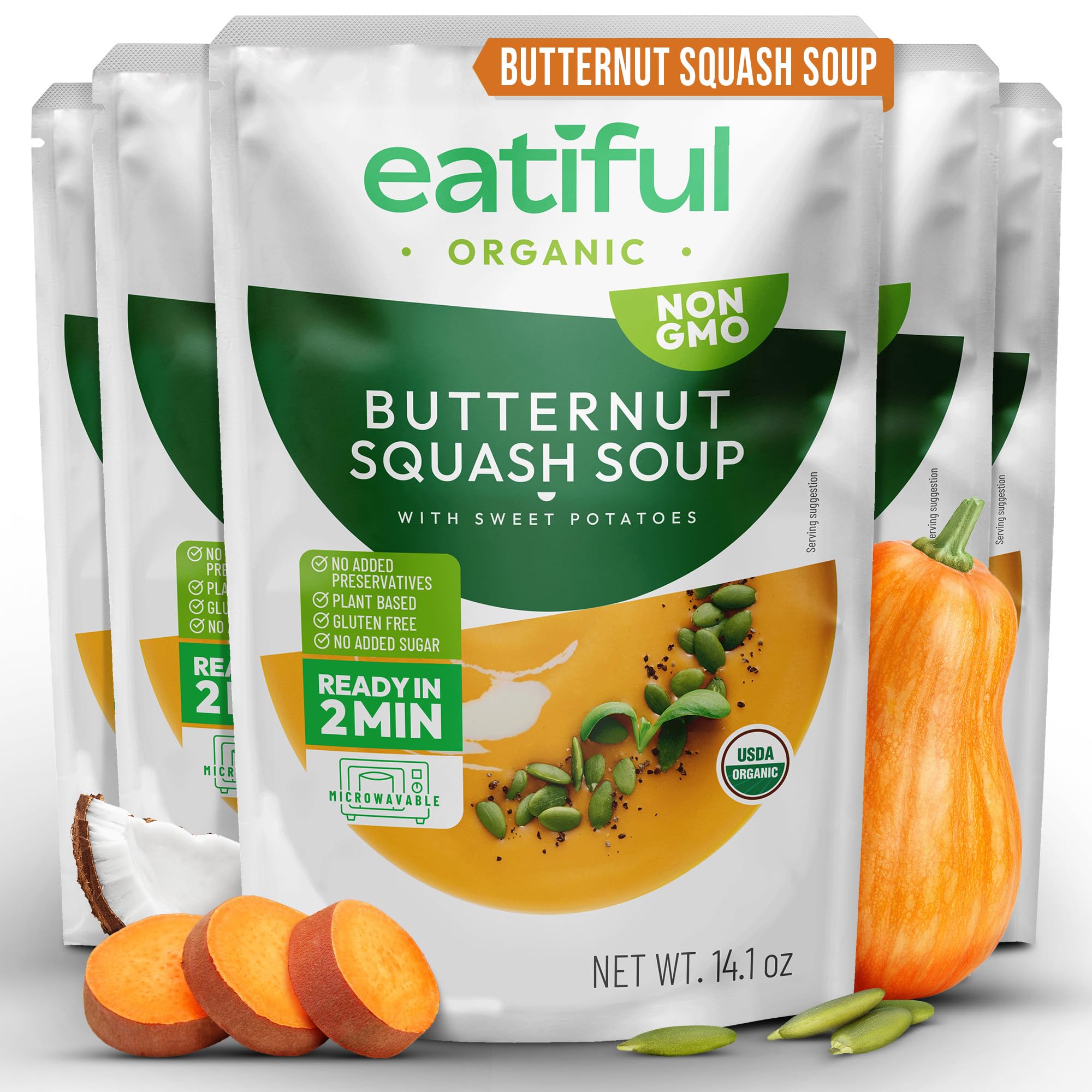EATIFUL Zuppa Di Zucca Butternut, Zuppa di Zucca Butternut Pronta da Mangiare Con Patate Dolci, Preparata Con Verdure Biologiche, a Base Vegetale, Senza Glutine, NON OGM, 400g (Confezione Da 5)