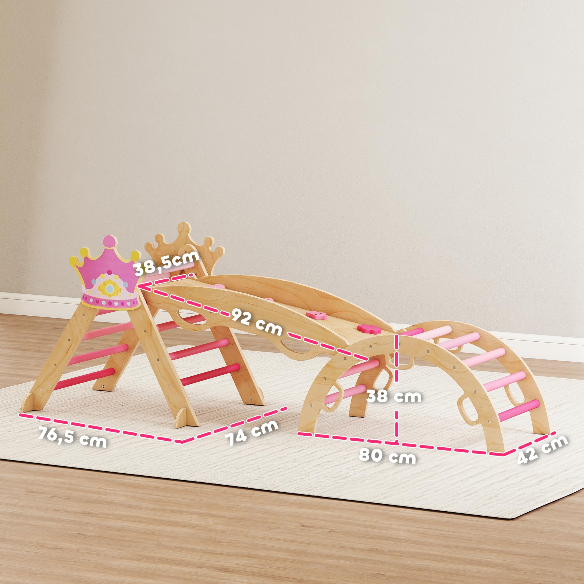 AIYAPLAY 8-in-1 Montessori Klettergerüst Indoor Holz Kletterdreieck mit Kletterbogen, Rutsche, Kronenmotiv, Indoor Spielplatz mit Rampe, Schaukelbogen, für Kinder von 1,5-4 Jahre, Rosa