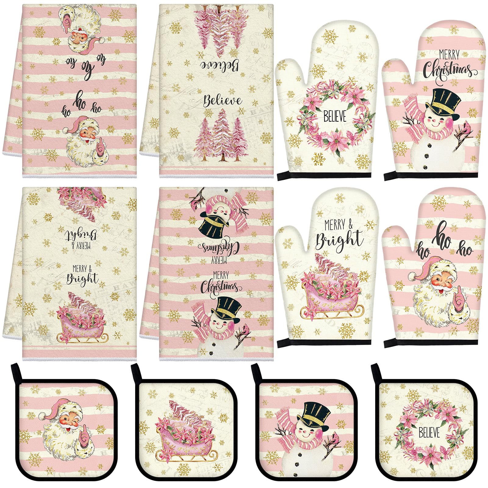 12 Pcs Christmas Kitchen Towels and Oven Mitt Sets 4 Snowflake Snowman Santa Oven Mitts 4 Flower Dish Towels and 4 Pot Holders Pink Cooking Accessories for Xmas Kitchen Decoration