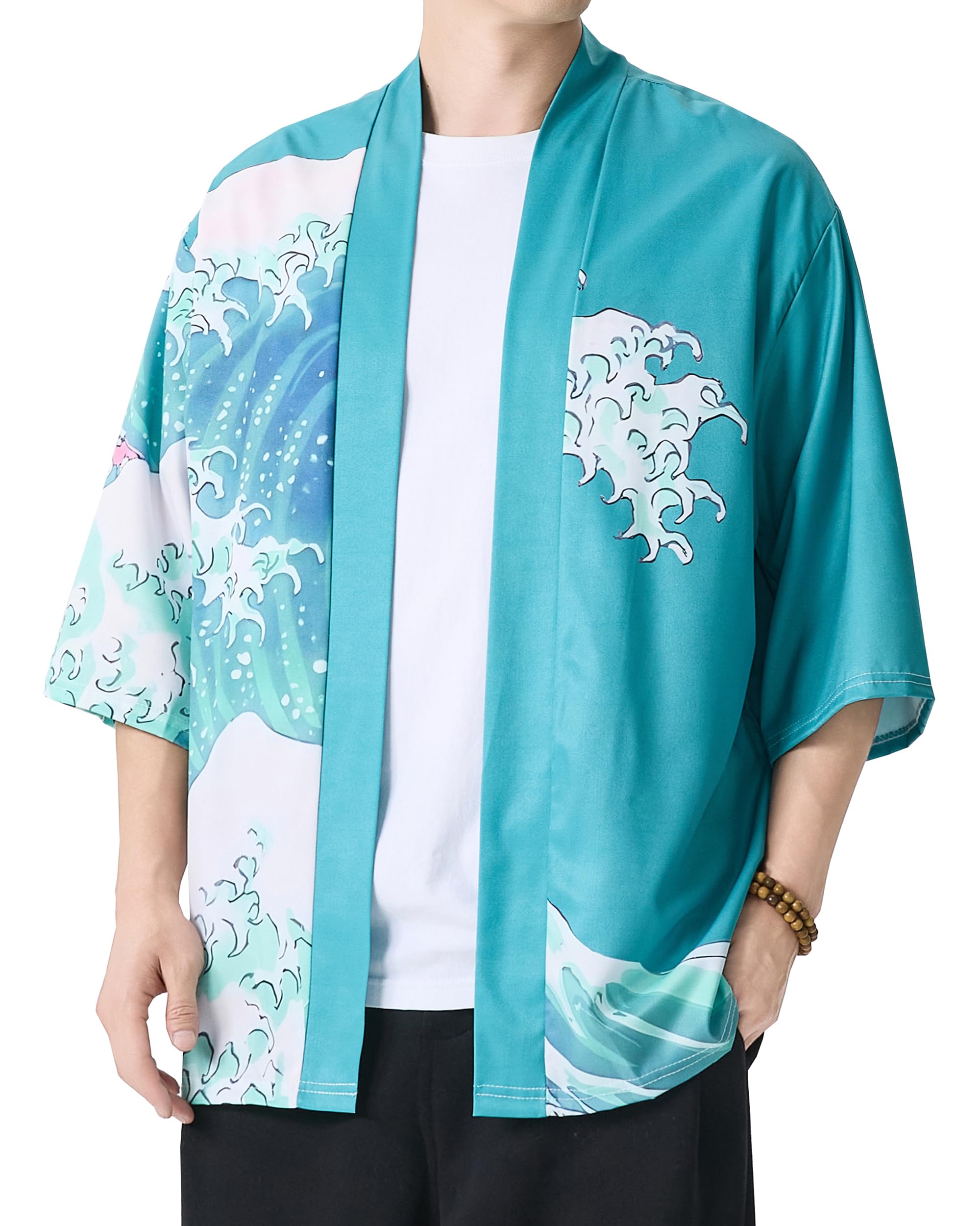 PRIJOUHE Men's Japanese Kimono Robe Jacket 3/4 Sleeve Open Front Yukata