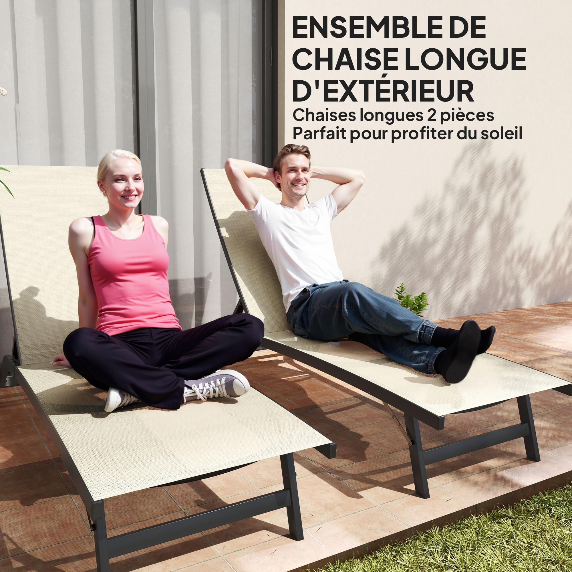 Outsunny Lot de 2 Bains de Soleil transat Chaise Longue inclinable en Aluminium et textilène avec roulettes Dossier Multipositions Charge Max. 150 Kg Kaki