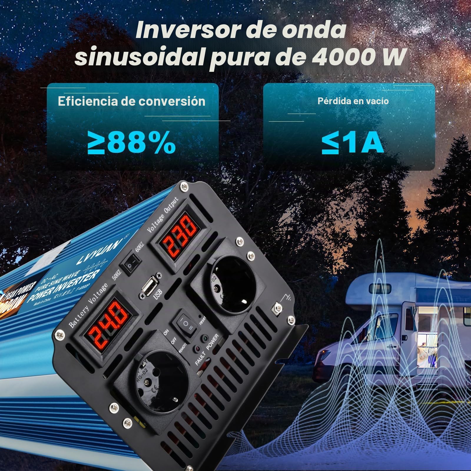 LVYUAN Convertidor 24 V 220 V 4000 W/8000 W Puro sinusal inversor Transformador-2 enchufes EU AC, USB, Mando a Distancia inalámbrico y Pantalla LED para Sistemas solares, Coches, Camping, Viajes