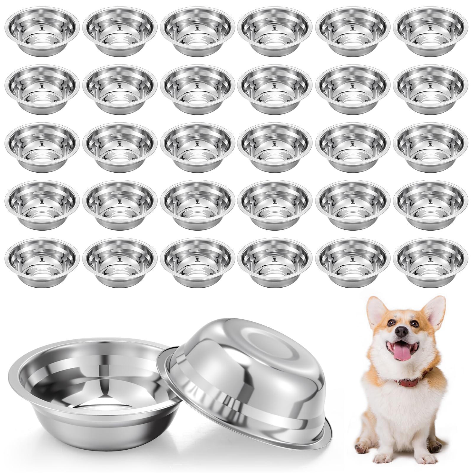 30 Pcs Stainless Steel Metal Dog Bowls Bulk Small Metal Dog Food Water Container Replacement Lightweight Bowl for Small Medium Large Dogs, Dishwasher Safe (5.5 Inch)