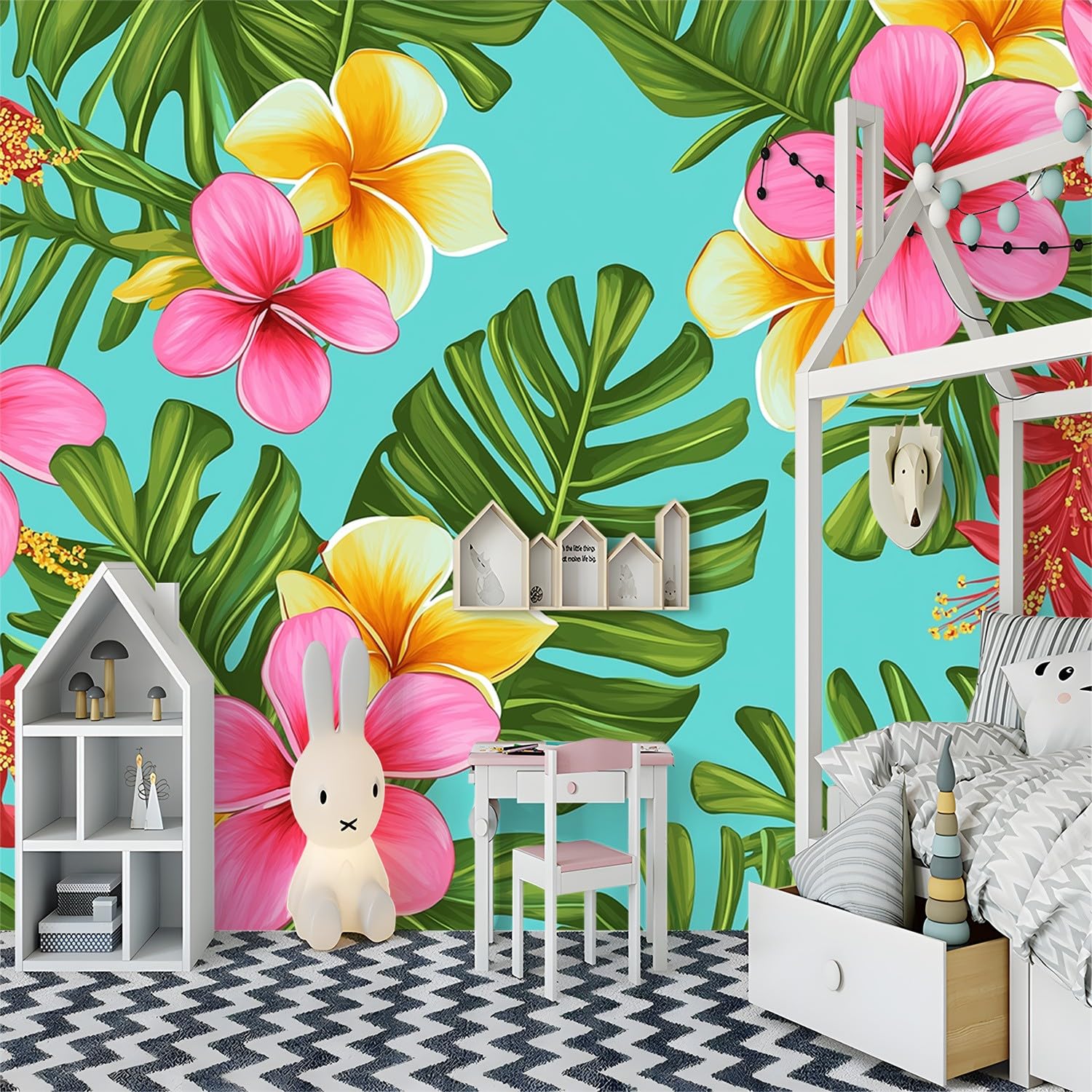 Tapeta jasnoniebieska, tapeta z włókniny, akwarela, botaniczne tropikalne kwiaty, wodoodporny papier kontaktowy do domowej szafki i dekoracji, tapeta 250 x 175 cm do salonu, sypialni, kuchni,