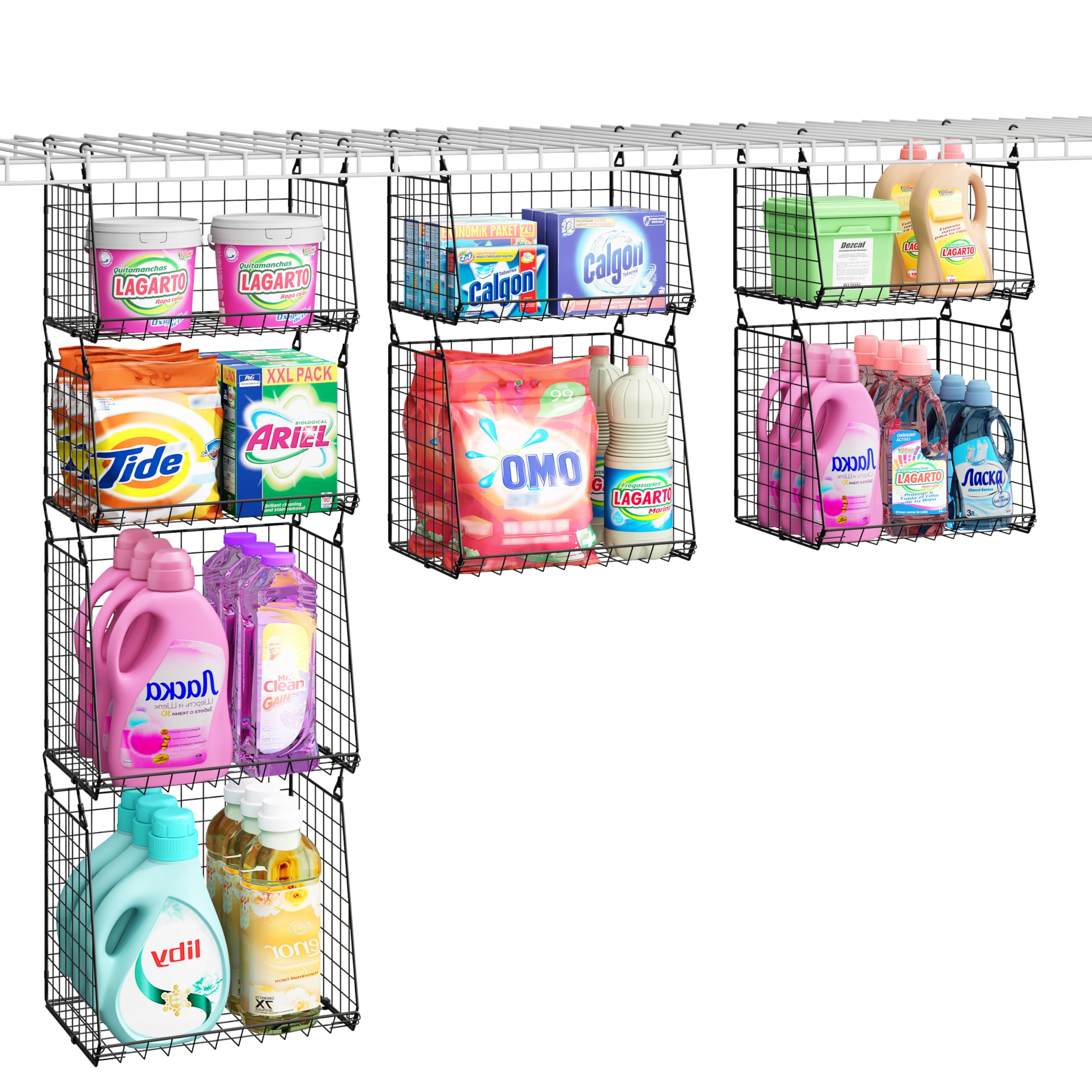 4-Pack Hanging Laundry Room Organizer：Foldable Laundry Room Organizaton Wire Basket with 360°Rotating Hooks Space Saving Over Washer and Dryer Shelves - Metal Laundry Basket Storage, Black Patent