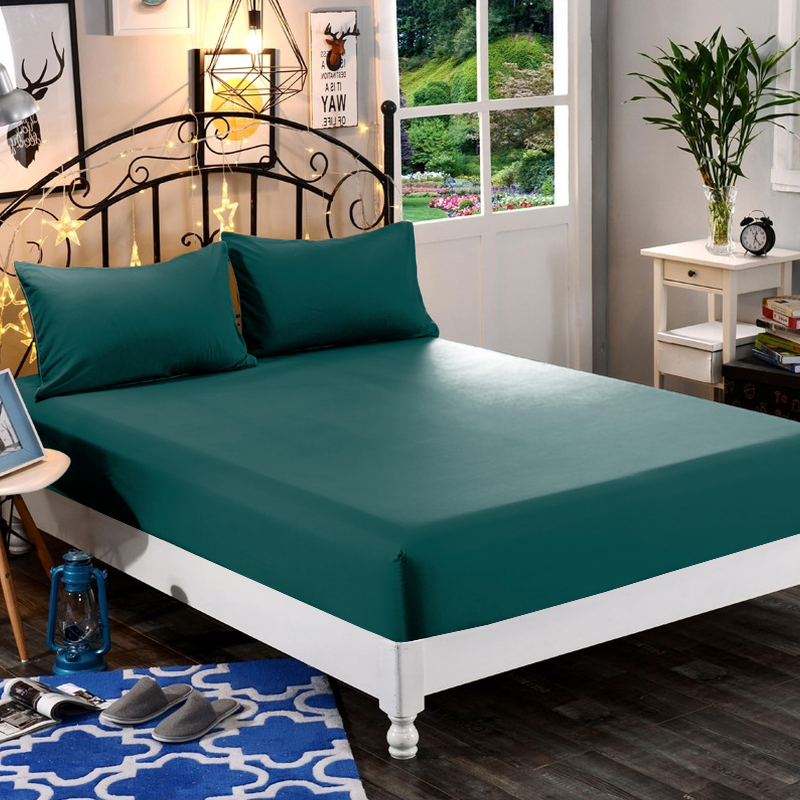 Elegant Comfort Men's Marine Teal 1500 Premium Hotel Quality 1-Piece Fitted Sheet, Softest Quality Microfiber-Deep Pocket Up To 16 Inch,Wrinkle And Fade Resistant, Queen,