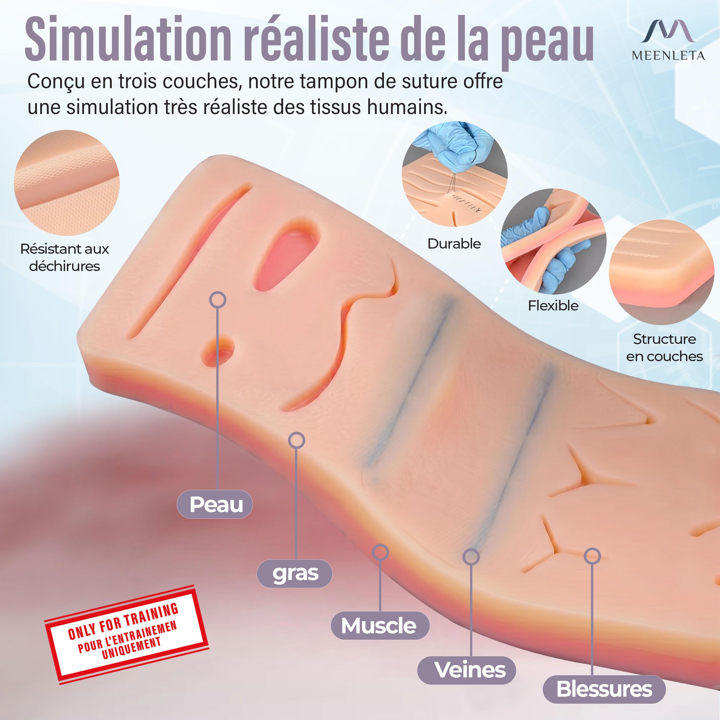 Kit d’Entraînement à la Suture – Ensemble de Simulation pour Pratique et Apprentissage | Outils Réutilisables + Peau Synthétique