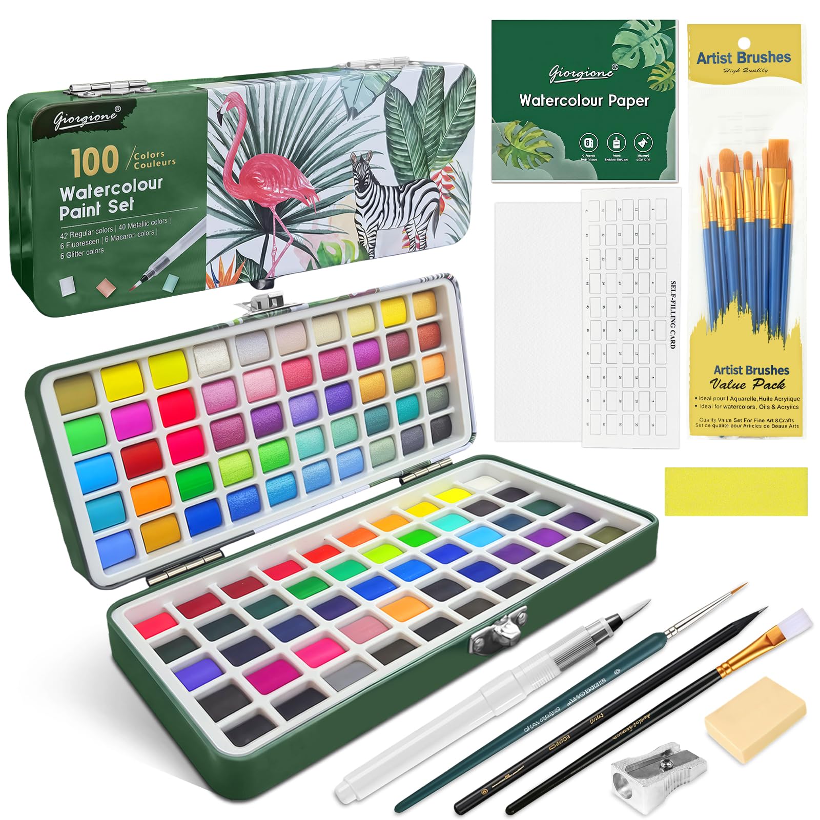 flintronic 100 Watercolour Paint Set, Portable Box Including, Palette, Watercolor Papers Brushes & other Tools, Travel Watercolour Set for Artists and Hobbyists