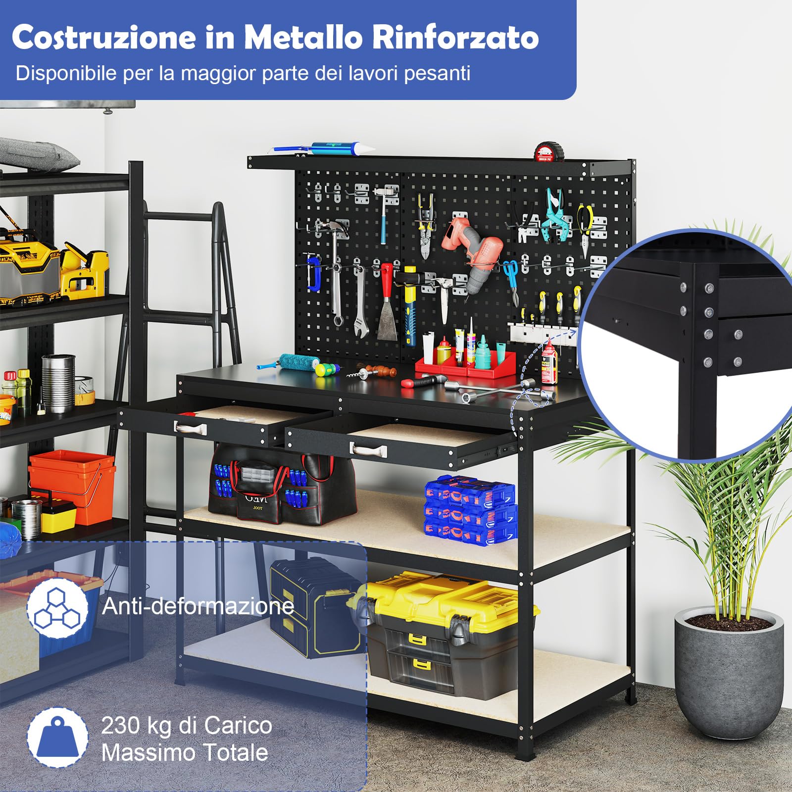 COSTWAY Banco da Lavoro con Piano da 120 x 60 cm, Banco da Lavoro Officina con Pannello Forato e 24 Ganci Porta Attrezzi, Tavolo da Lavoro per Garage con 2 Cassetti e 2 Mensole (Nero)