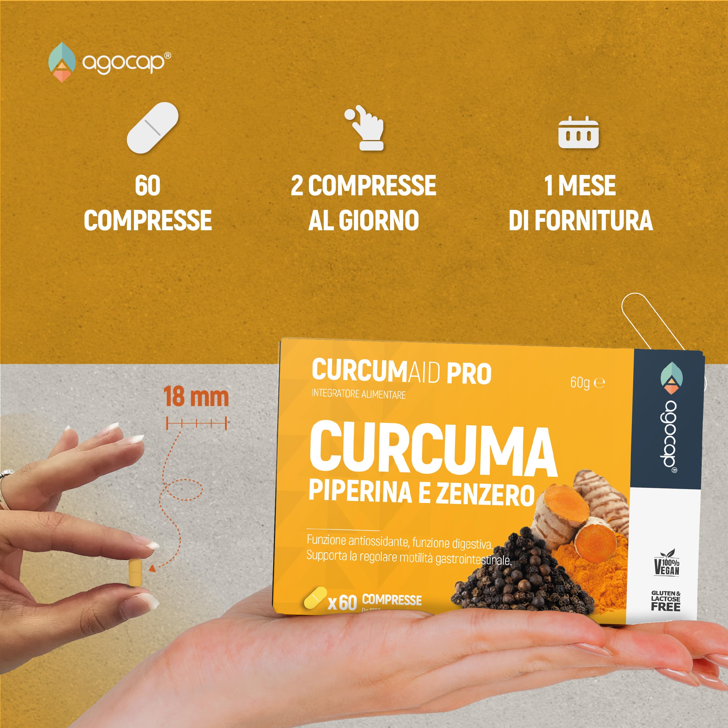 CURCUMA - Curcuma e Piperina, 60 compresse con estratto di curcumina e zenzero. Curcume Naturale + Piperina e Pepe Nero. Curcumina Vegana, Integratore - Made in Italy