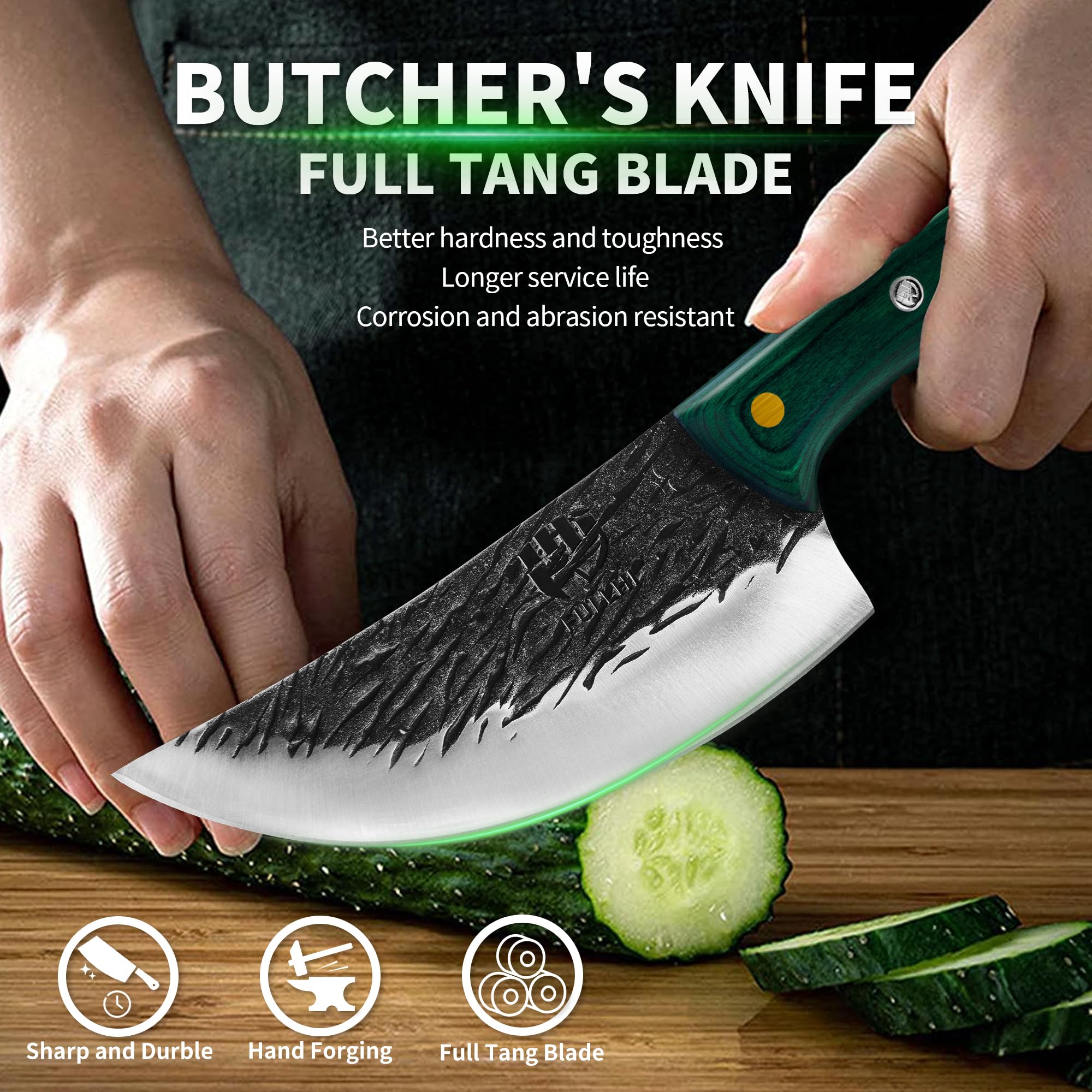 FULLHI Cuchillo de Carne con Mango de Madera y Funda, Cuchillo de Cocina de Acero al Carbono para Cortar Carne, Cocina al Aire Libre, Camping Barbacoa (Verde, 17cm)