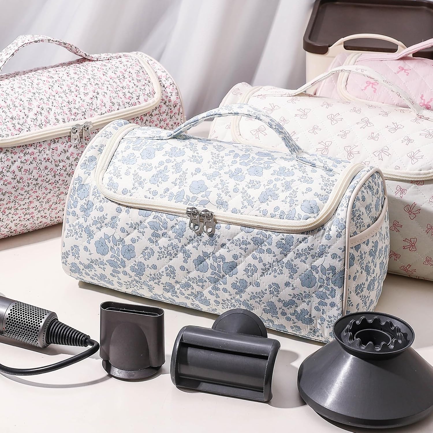 Quilted Hair Tool Bag for Travel Storage, Large Organizer Case for Hair Dryer with Hanging Hook & Handle,Organizer with 4 Thickened Compartments, Lightweight