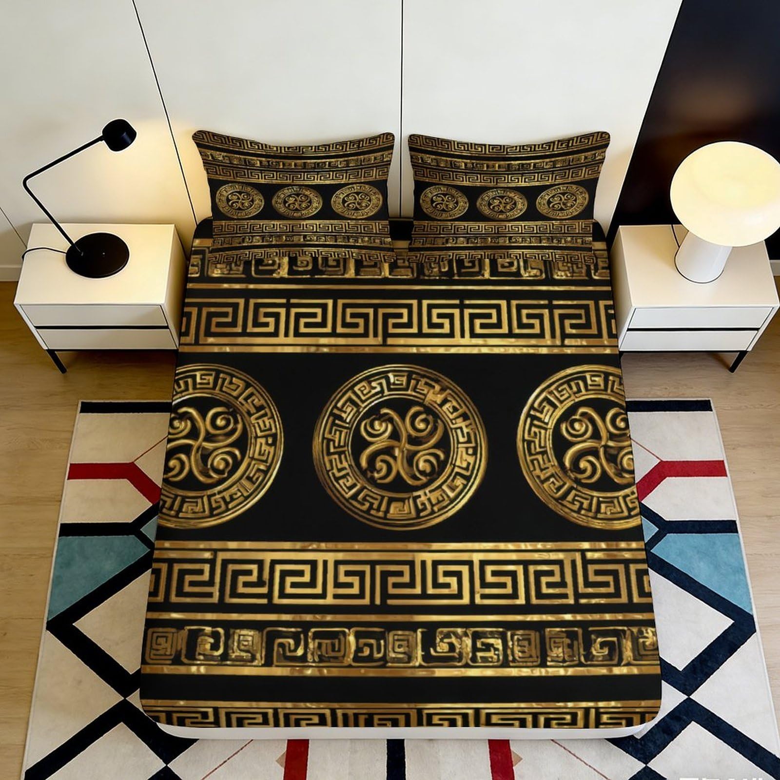 3D Printed Greek Geometric Fitted Sheet Microfiber Black Gold Versace Style Bed Cover for Bedroom Dorm Mattress Protector 90x200x25cm