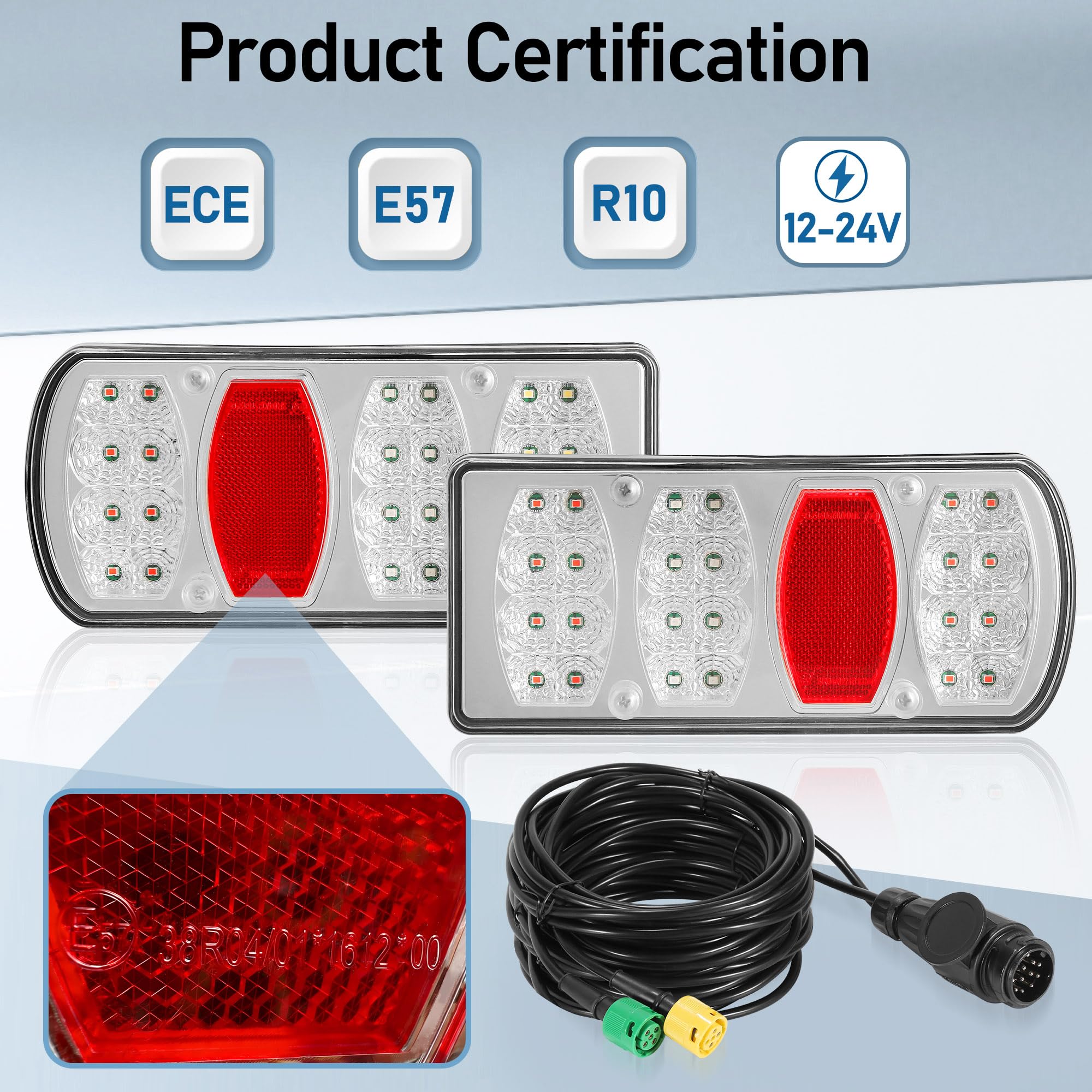 LED Rückleuchten PKW Anhänger 13polig Stecker, 12V 24V 5polig Bajonett, 8m Konfektioniertes Kabel, 7 Funktionen (Position, Nebel, Kennzeichen, Bremslicht) E57 IP65 Zulassung