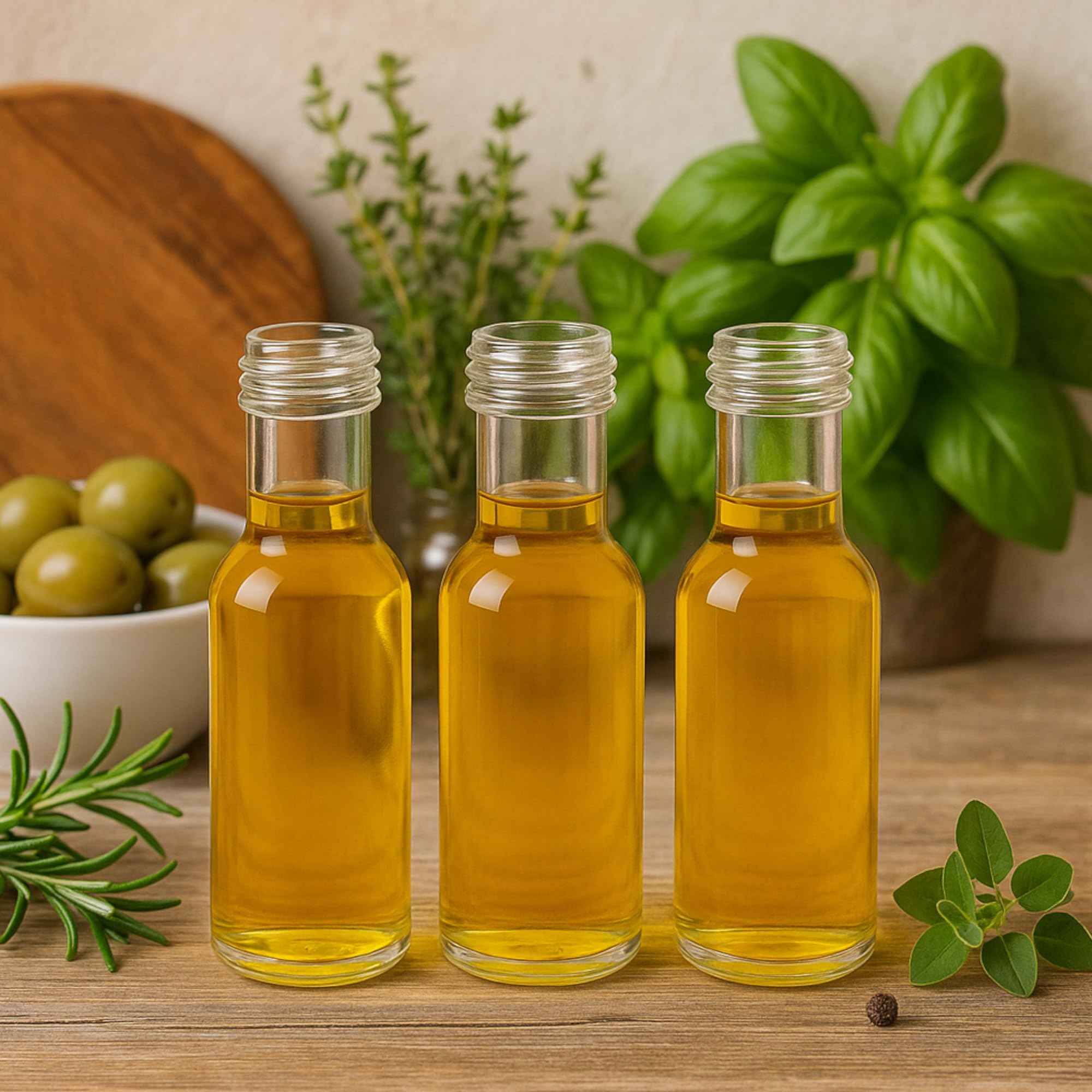 gouveo Lot de 48 bouteilles en verre Dorica (0,10 l) avec bouchon à vis PP 31.5 doré, flacons ronds transparents à remplir pour huile, vinaigre, liqueur, sirop, spiritueux (DFT100G)